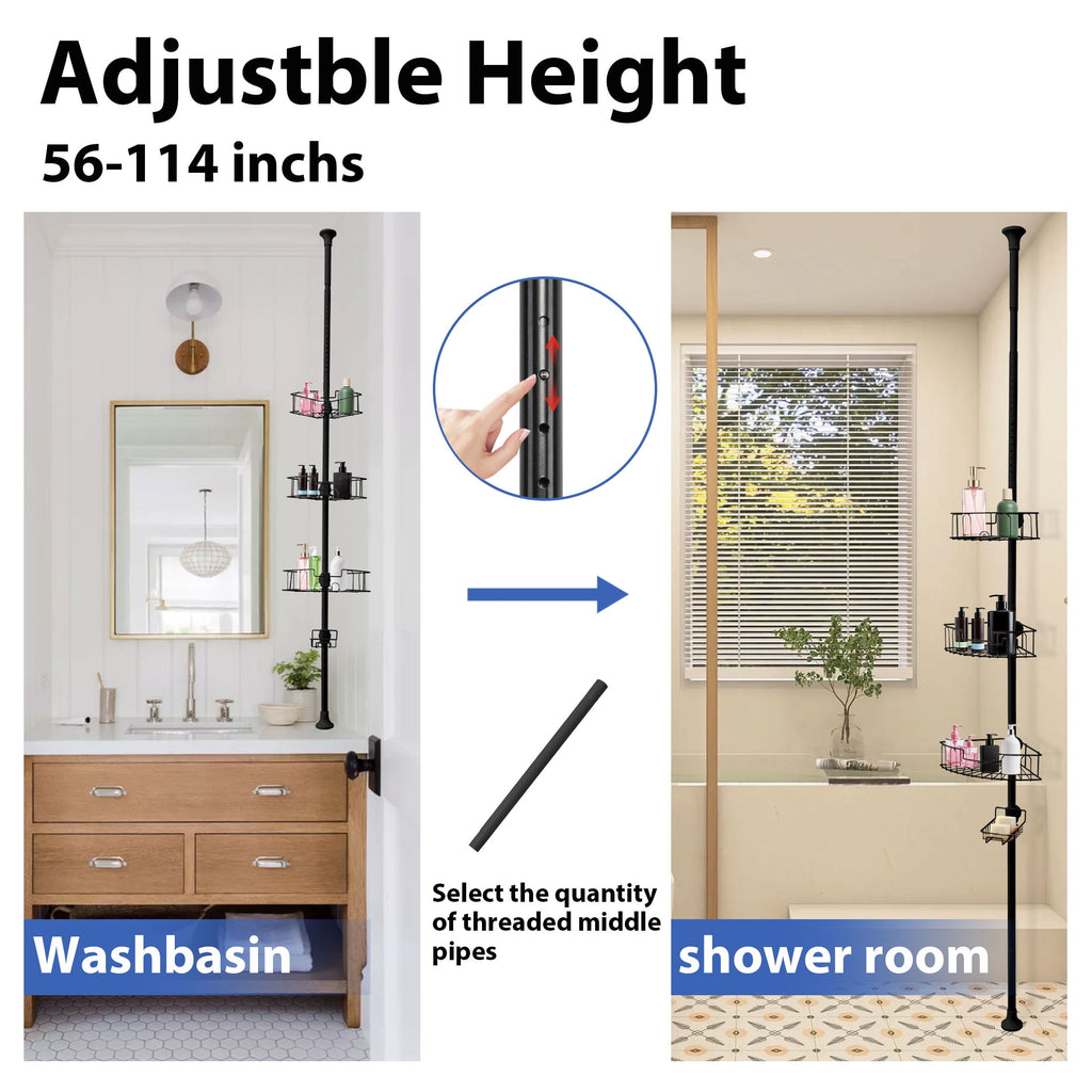 Tension Pole Adjustable Height 56-114Inch Black Metal Bathroom Organizer - Image 4