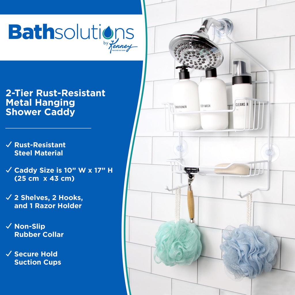 2-Tier Hanging Shower Caddy with Suction Cups and Razor Holder, White - Image 2