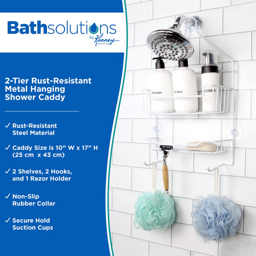 2-Tier Hanging Shower Caddy with Suction Cups and Razor Holder, White - Image 2
