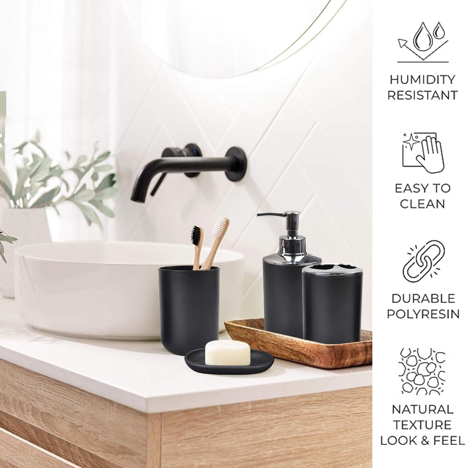 6 Plastic Bathroom Linen & Accessory Set, Black - Image 2
