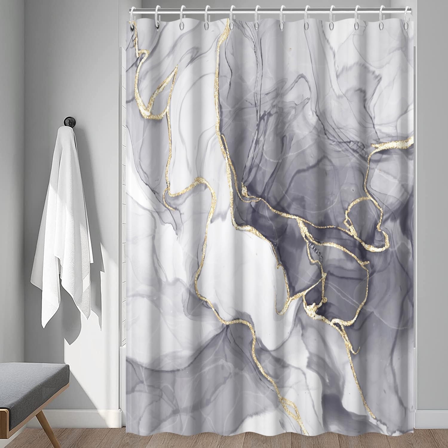 Grey Shower Curtain, Ombre Grey Marble Shower Curtain for Bathroom, Modern Aesthetic Ink Texture Waterproof Fabric Ba... - Image 2