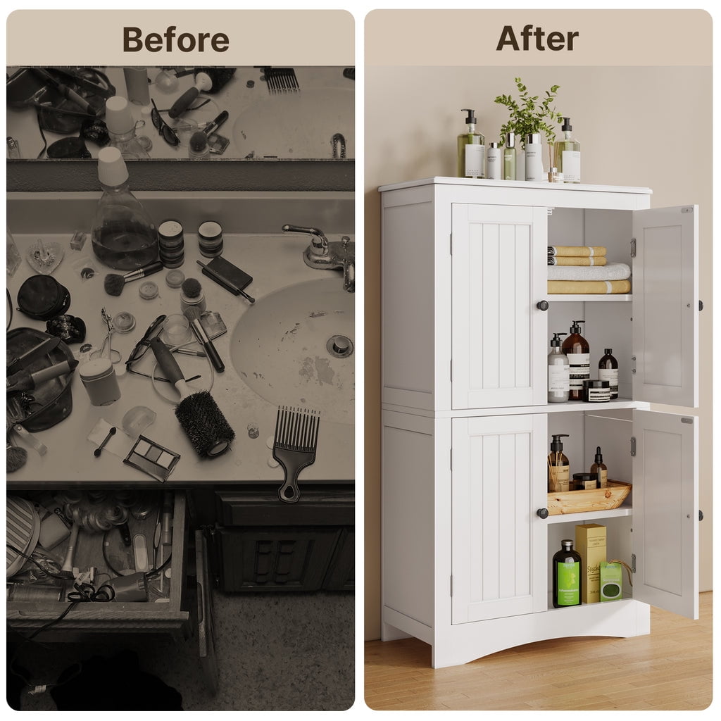 Aiho 43" Bathroom Storage Cabinet, Freestanding Cabinet with 4 Doors & 3 Adjustable Shelves for Bathroom - White - Image 2