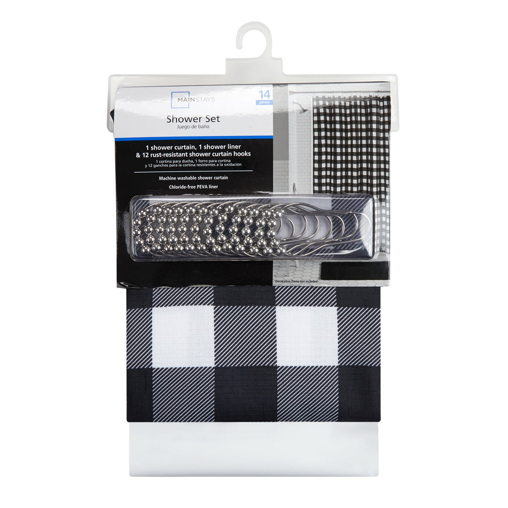 14-Piece Plaid Faux Linen Shower Curtain Set with Hooks & Liner Rustic Cabin Bathroom Decor, 72" x 70 - Image 5