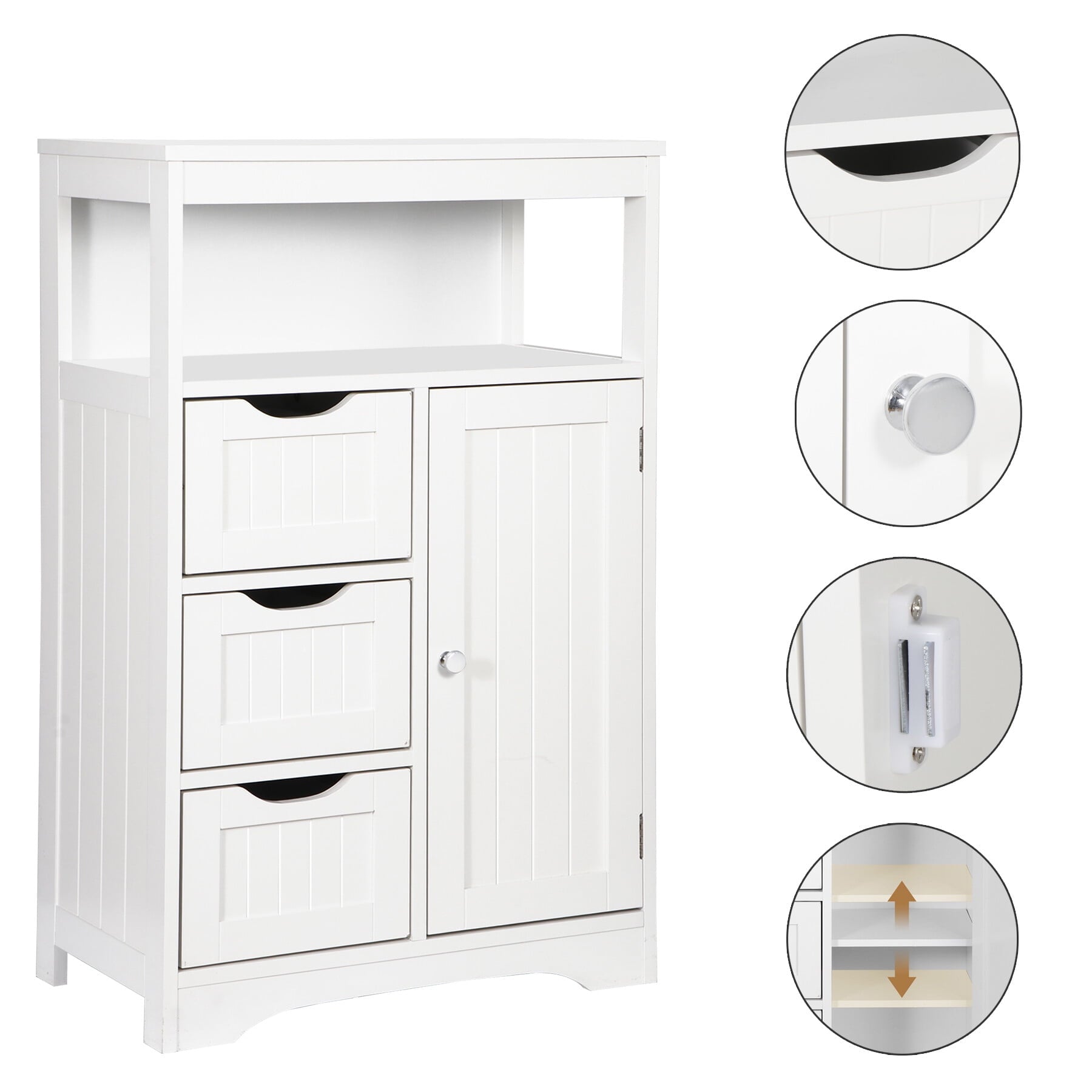 Bathroom Floor Storage Cabinet Modern White Wooden Kitchen Cupboard W/Adjustable Shelf & 3 Drawers - Image 3