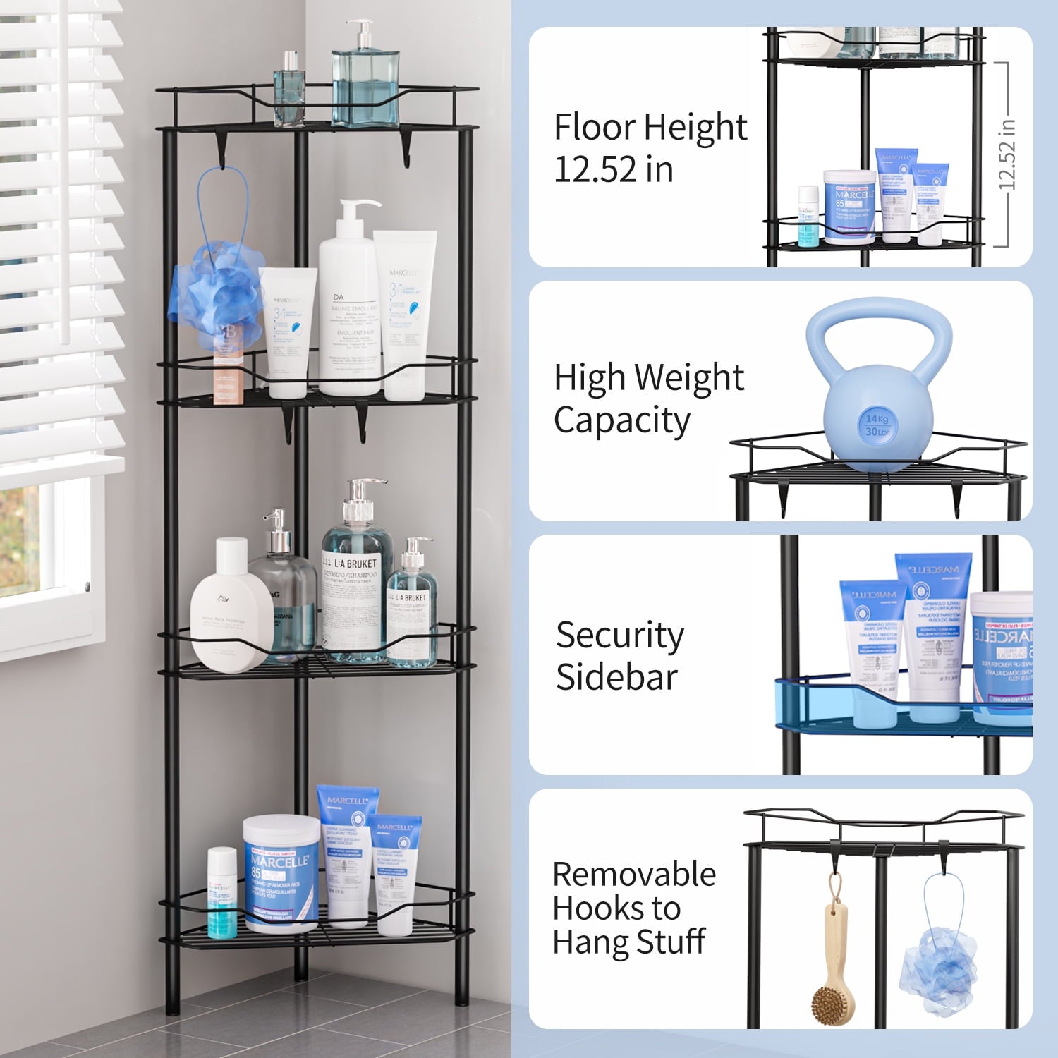TINANA Corner Shower Caddy: 4 Tier Corner Shelf Organizer, Floor Standing Shower Caddy for Bathroom, Rest Room, Black - Image 4