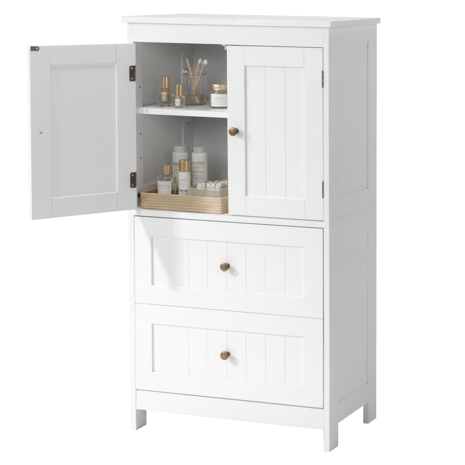 Bathroom Floor Storage Cabinet, Freestanding Cabinet with 2 Doors 2 Drawers, Adjustable Shelves, White - Image 6
