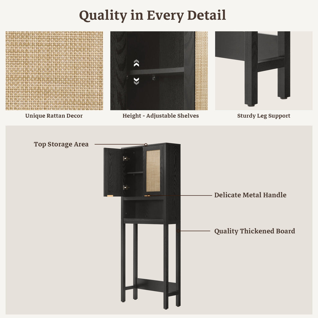 Over The Toilet Storage Cabinet with Adjustable Shelf, Bathroom Organizer Rattan Doors & Gold Handle, Black Oak - Image 4