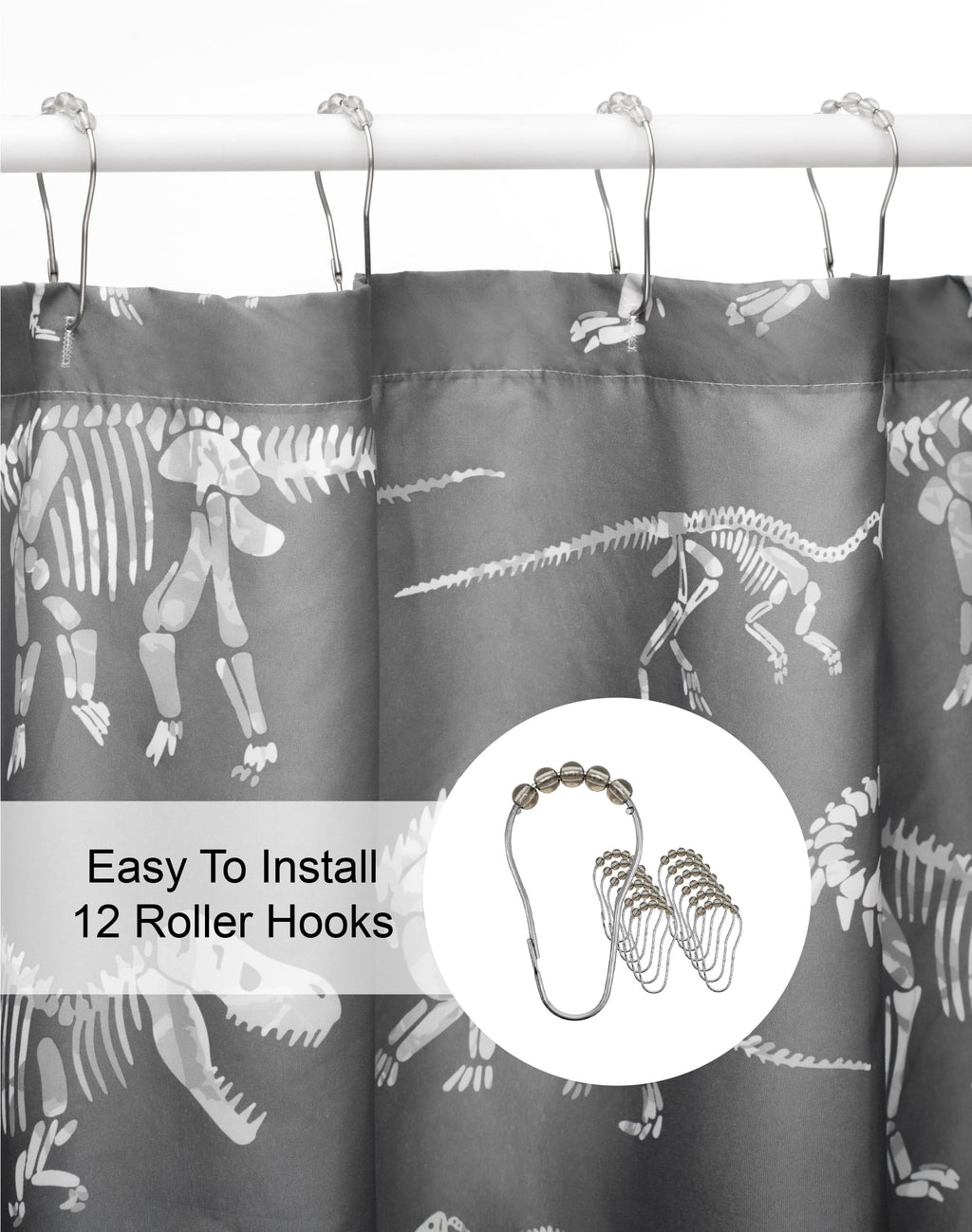 Kids Gray Dino Shower Curtain with Hooks - Image 5