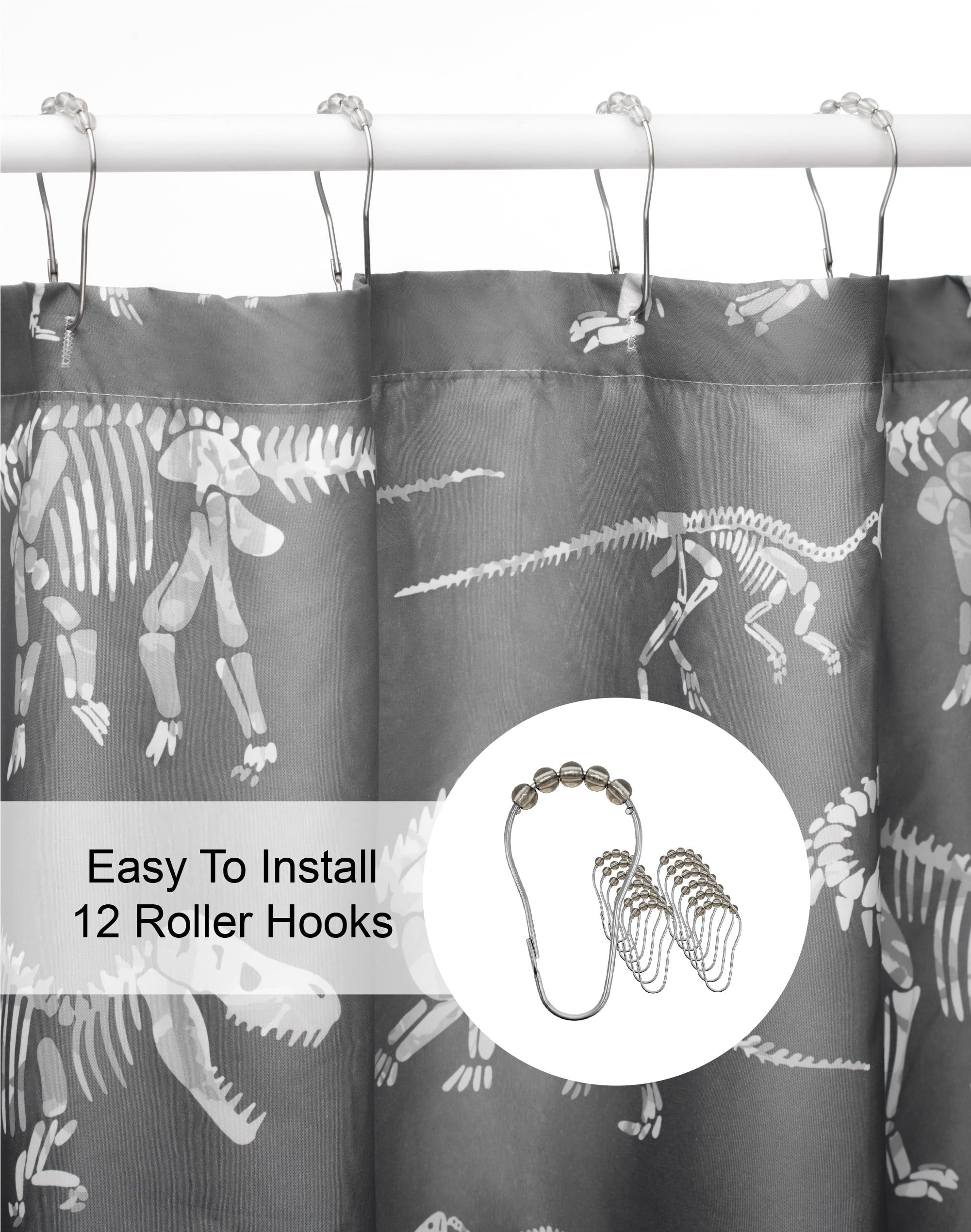 Kids Gray Dino Shower Curtain with Hooks - Image 5
