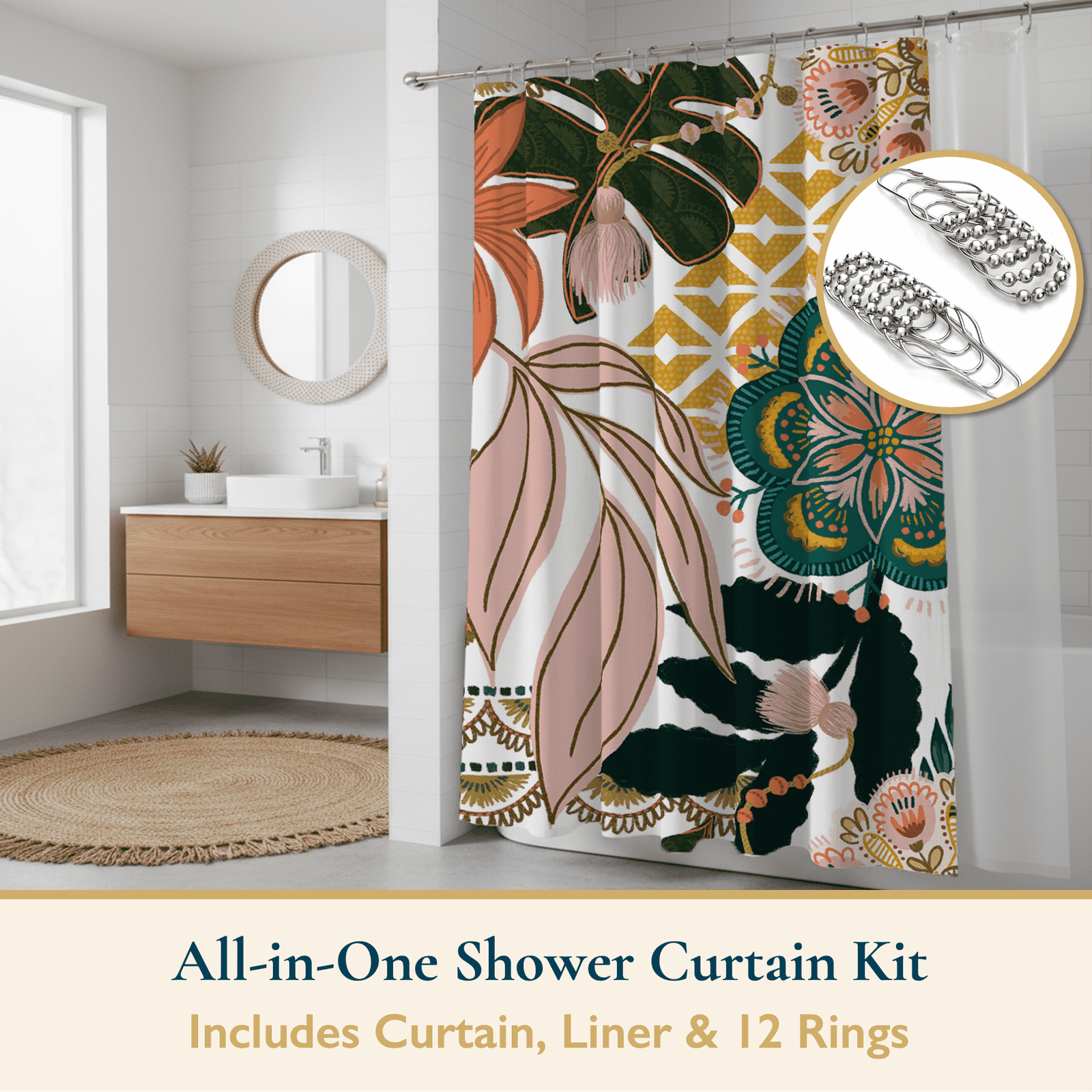 14-Piece Botanical Shower Curtain and Liner Set with 12 Hooks – Water-Repellent, Mold-Resistant, Heavy-Duty Fabric, W... - Image 2