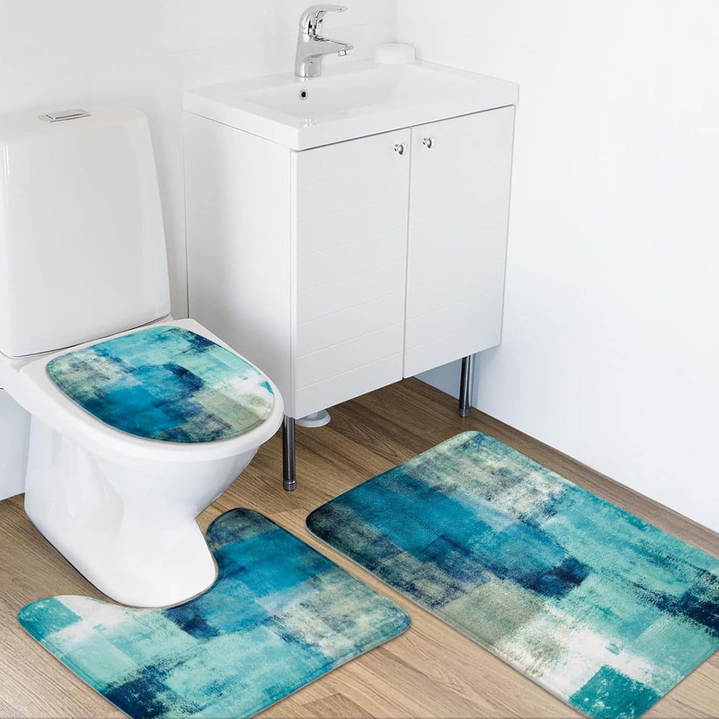 Bathroom Sets Teal Shower Curtains with 12 Hooks Large Bath Mat, Toilet Lid Cover and U-Shape Rugs for Home Hotel Decor - Image 4