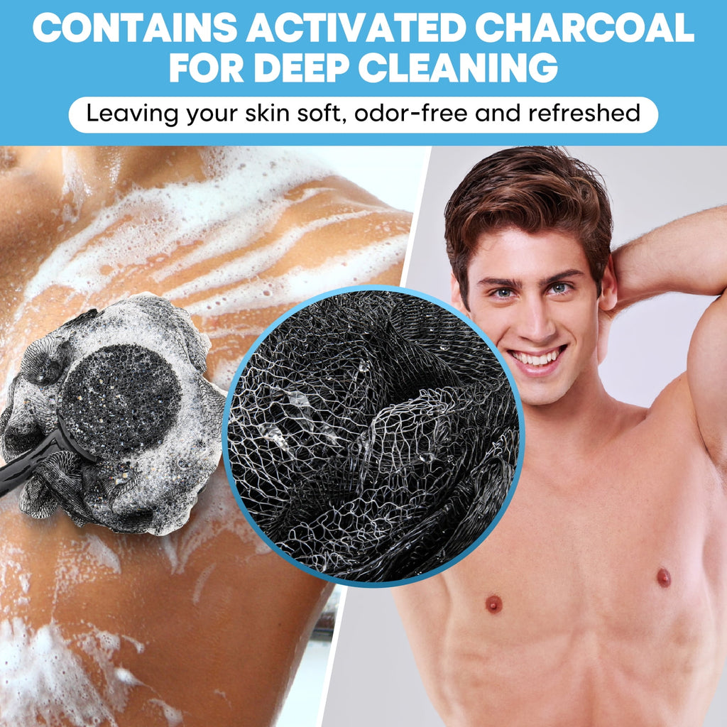 with Handle & Shower Brush, 2 Pack Charcoal Back Scrubber for Shower, Long Handle Exfoliating Body Brush Bath for Men... - Image 5