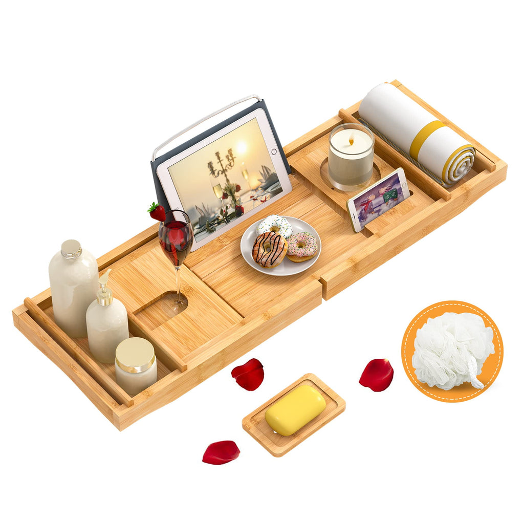 Bambloom Luxury Bathtub Tray,Bamboo Expandable Bath Tub Tray Table with Brush & Soap Holder,Natural - Image 6