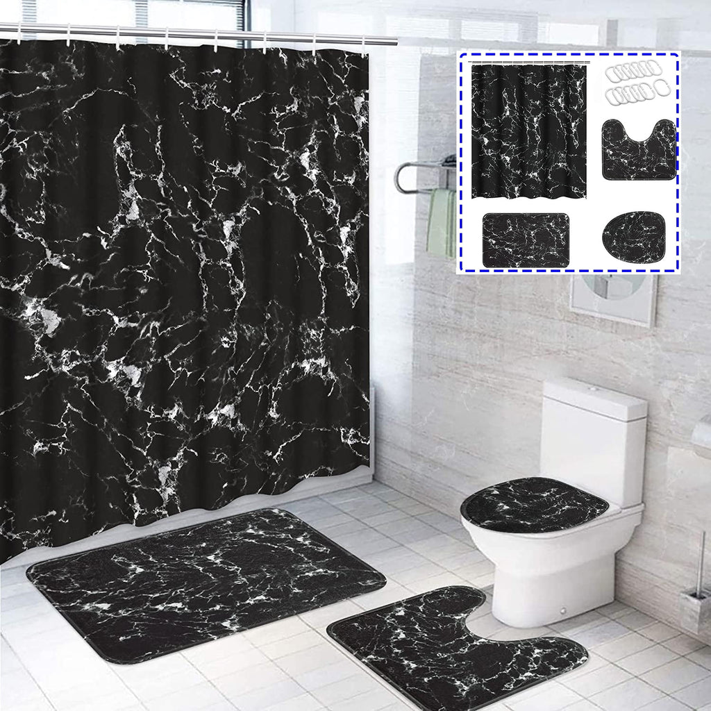 16-Piece Black Marble Shower Curtain Sets with Rugs, Modern Abstract Bathroom Sets, Waterproof Fabric Bathroom Curtai... - Image 5