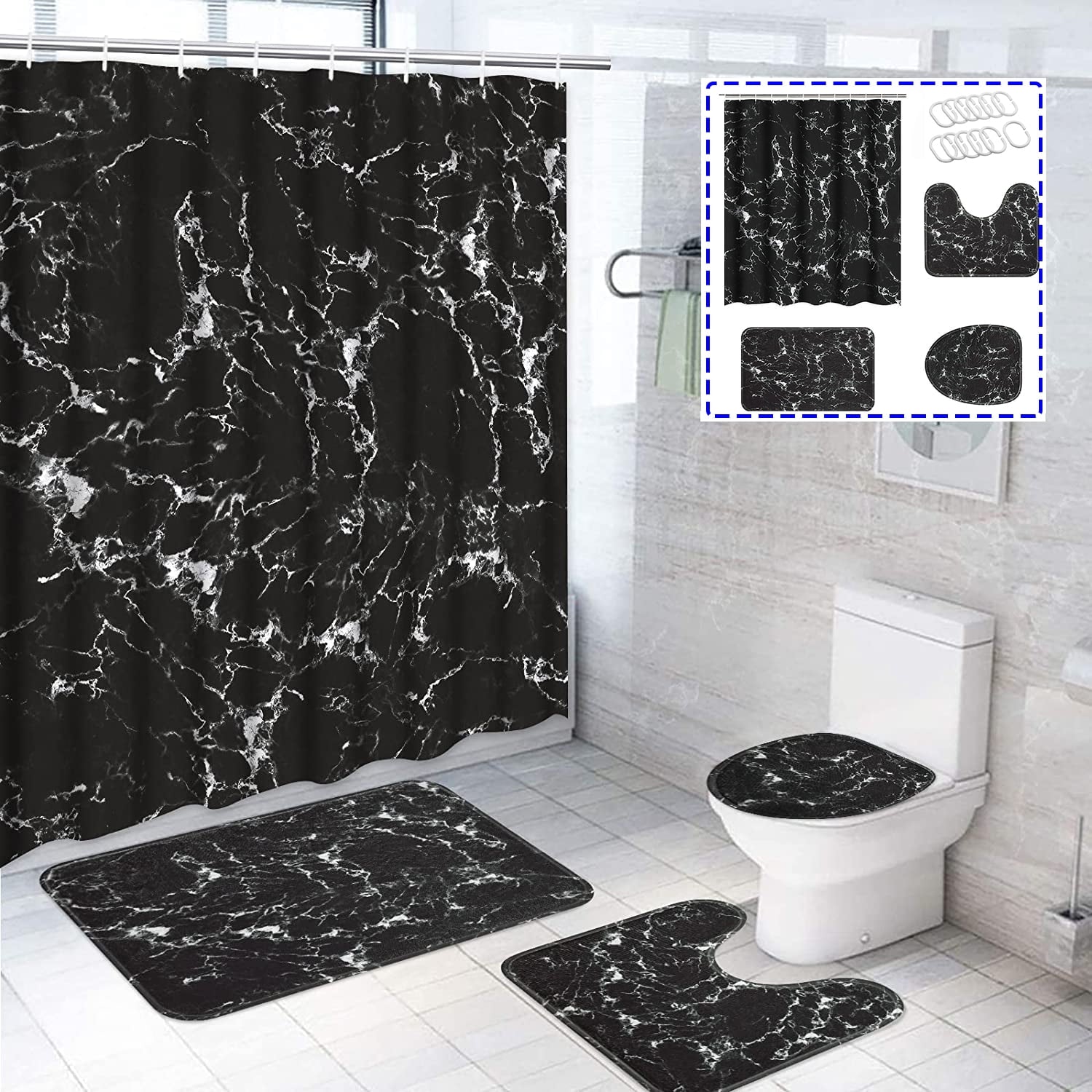 16-Piece Black Marble Shower Curtain Sets with Rugs, Modern Abstract Bathroom Sets, Waterproof Fabric Bathroom Curtai... - Image 5