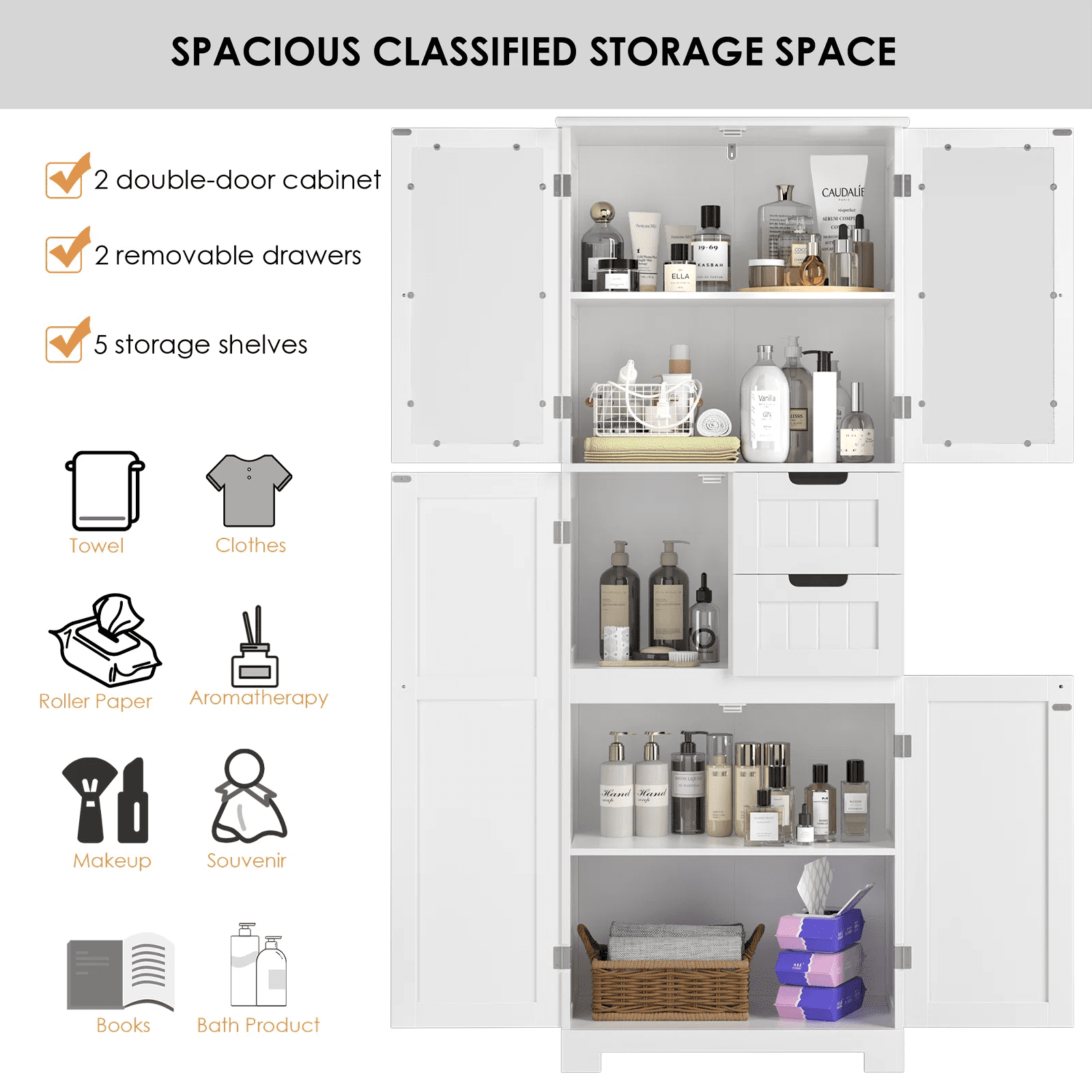 67" Bathroom Cabinet, White Linen Cabinet with Doors and Removable Drawers, Kitchen Cupboard - Image 2