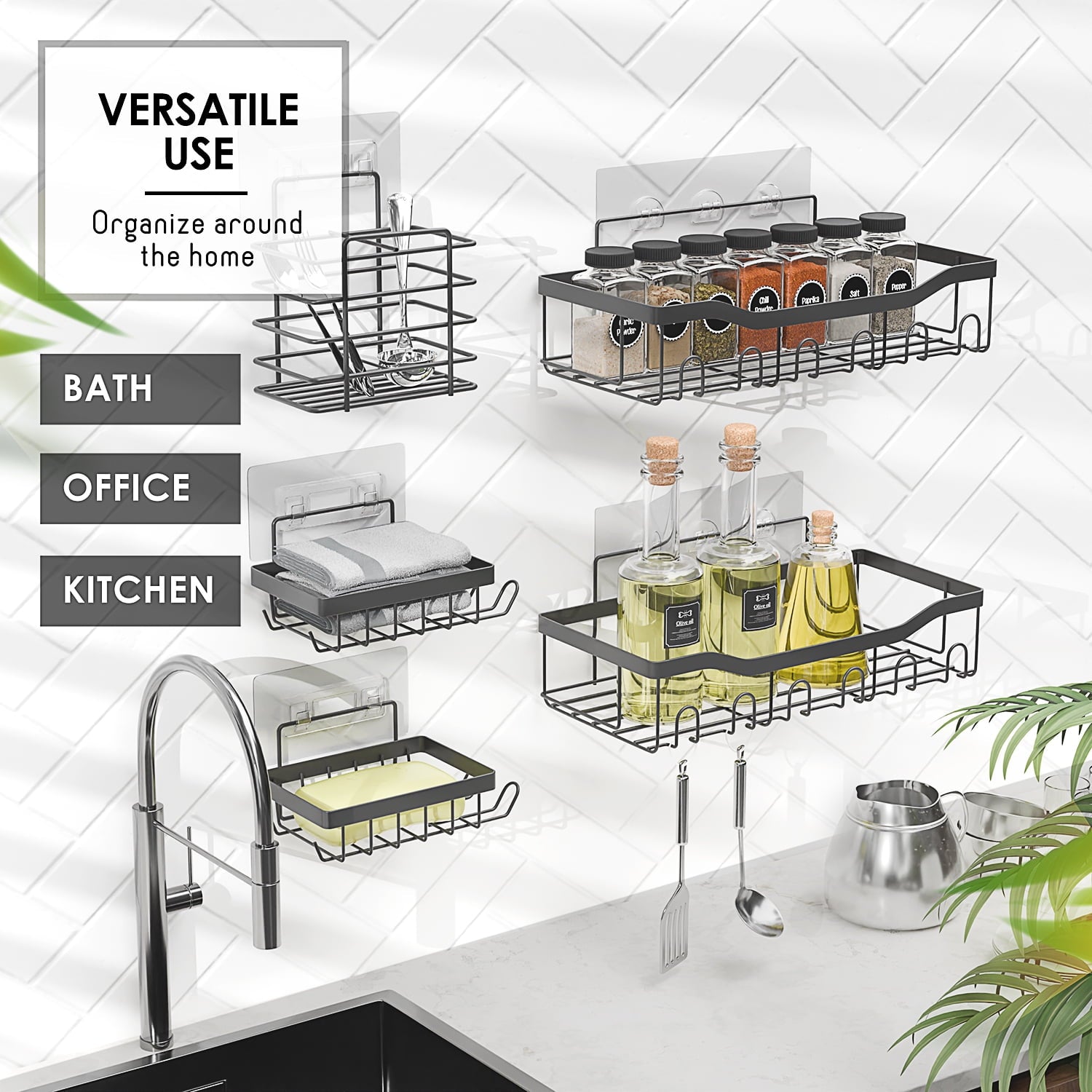 5 Pack Adhesive Steel Shower Caddy Organizer, Heavy Duty Stainless Steel Rustproof Shower Caddy, Gray - Image 6