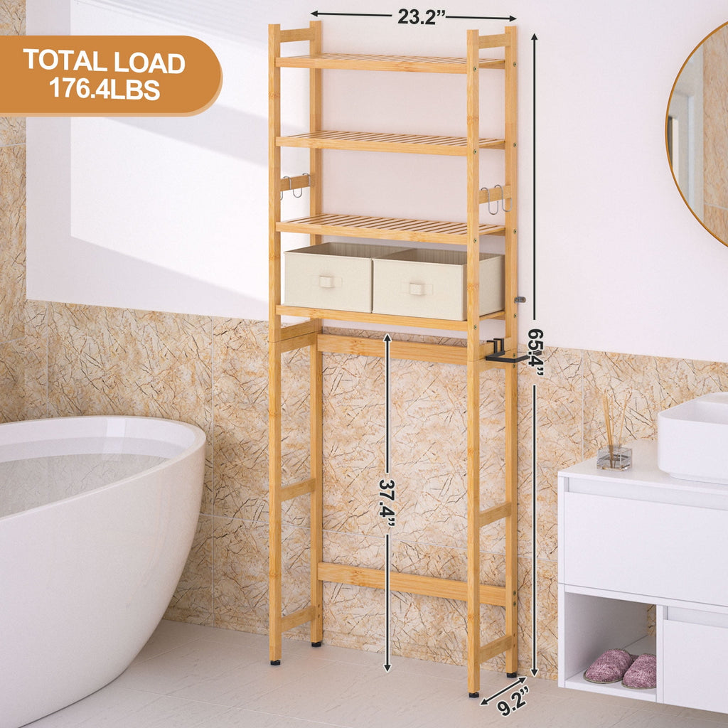 the Toilet Storage, Bamboo Bathroom Shelf Organizer with 2 Baskets & 4 Hooks, 4-Tier Space Saver - Image 3