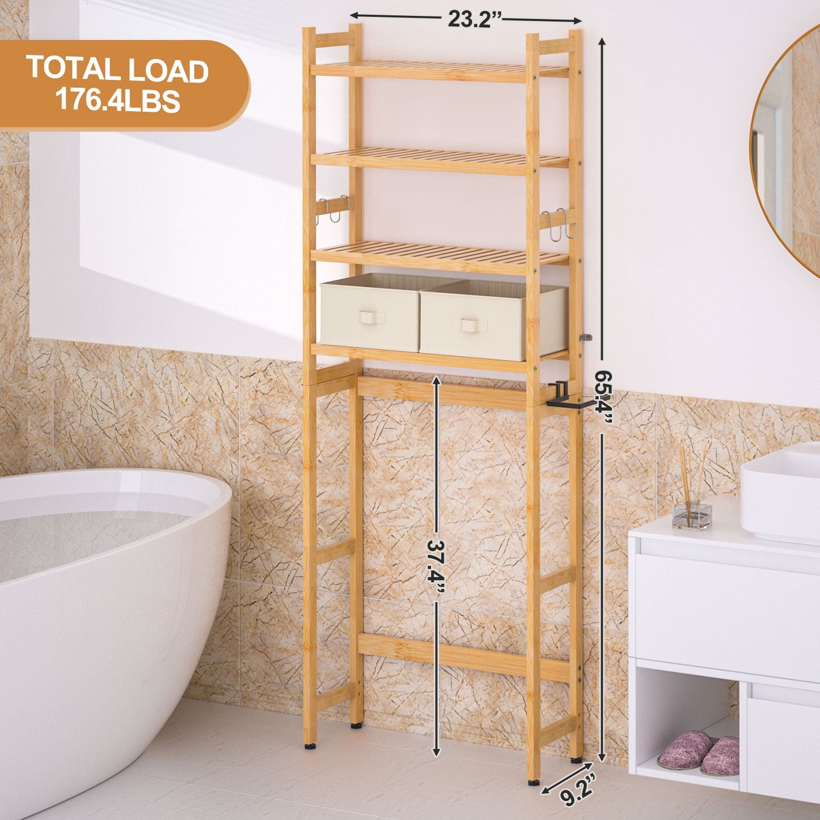 the Toilet Storage, Bamboo Bathroom Shelf Organizer with 2 Baskets & 4 Hooks, 4-Tier Space Saver - Image 3