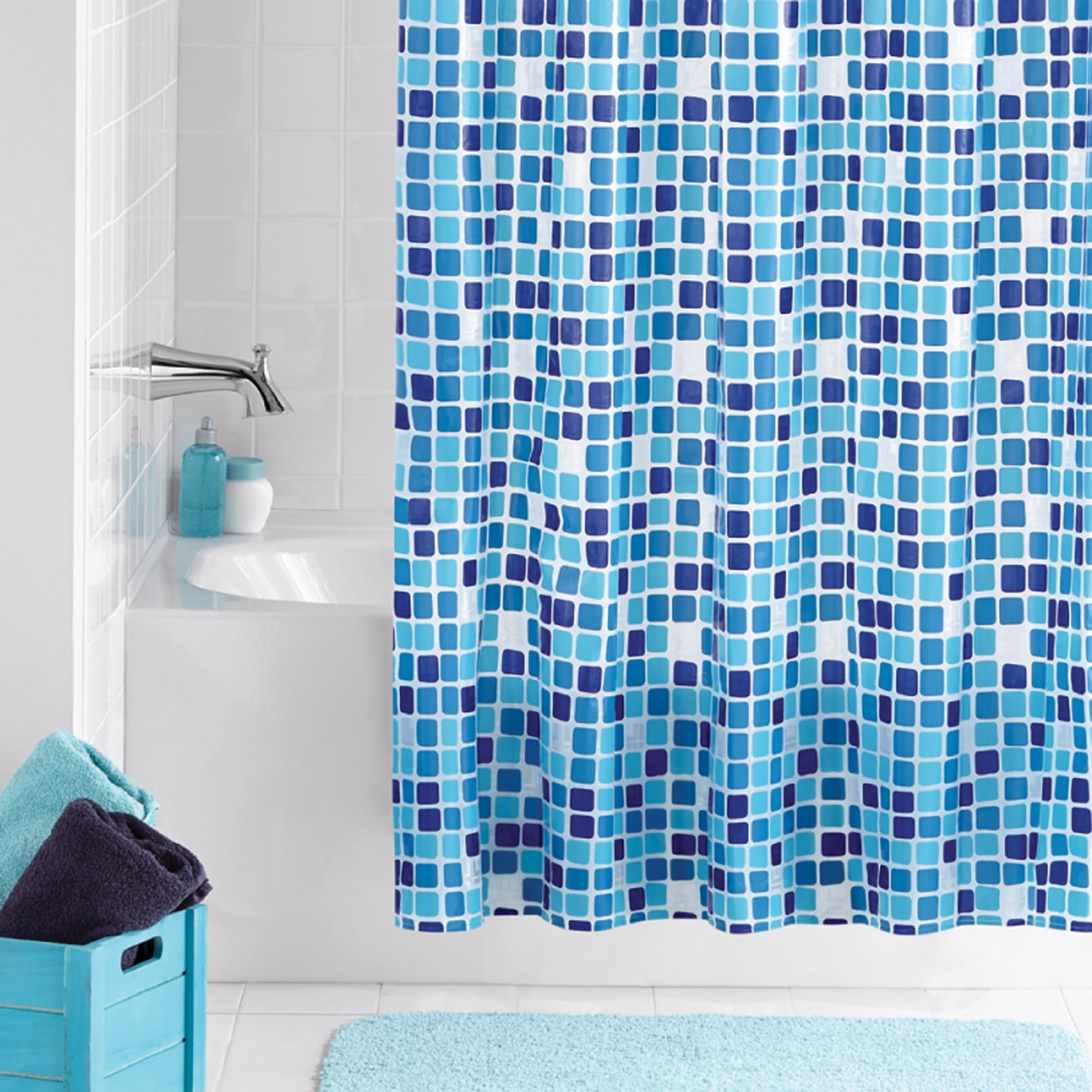 Mainstays Shower Curtain Set: Blue PEVA Curtain with 12 Roller Shower Hooks, Mosaic Medallion Design - Image 5