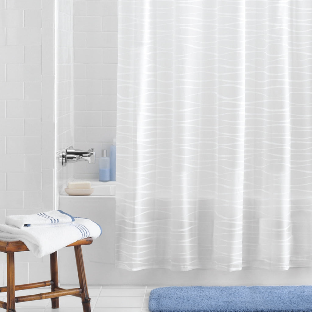Mainstays Waterproof Oasis Striped PEVA Lightweight Shower Curtain and 12 Hooks, Frosted - Image 5