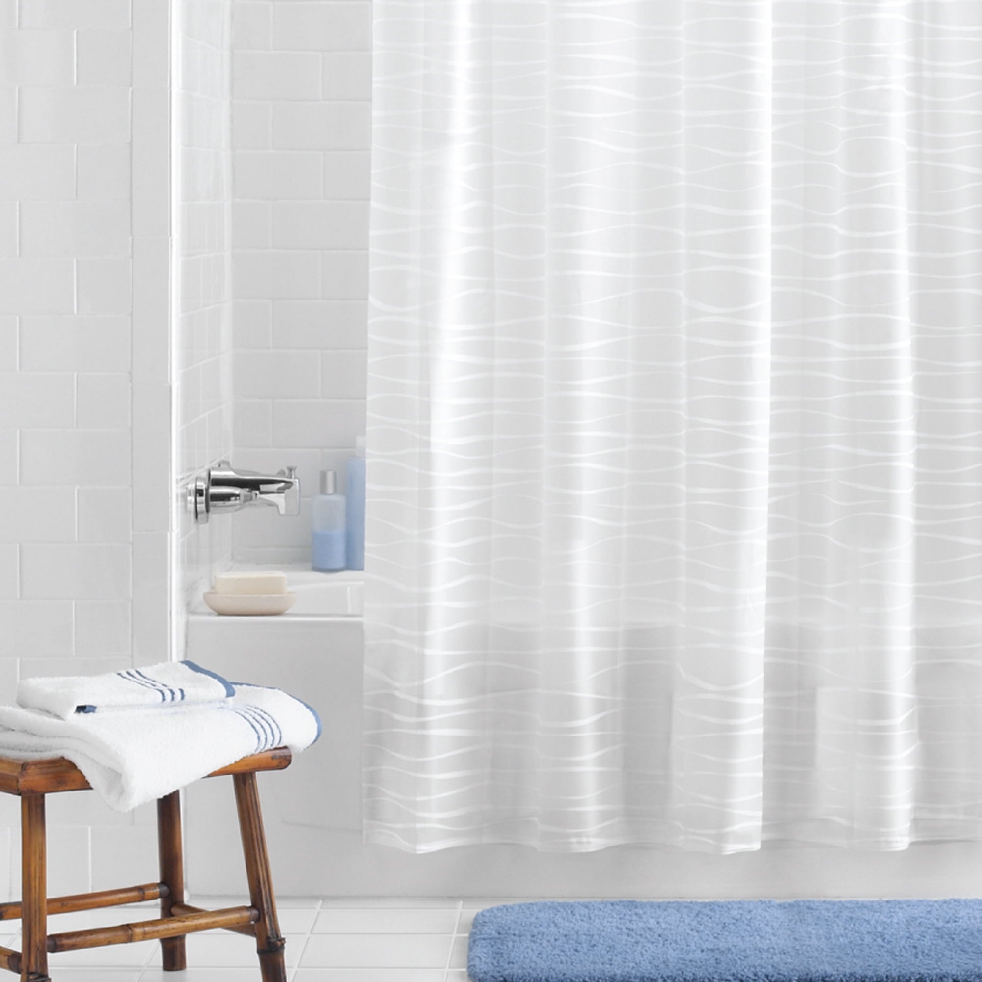 Mainstays Waterproof Oasis Striped PEVA Lightweight Shower Curtain and 12 Hooks, Frosted - Image 5