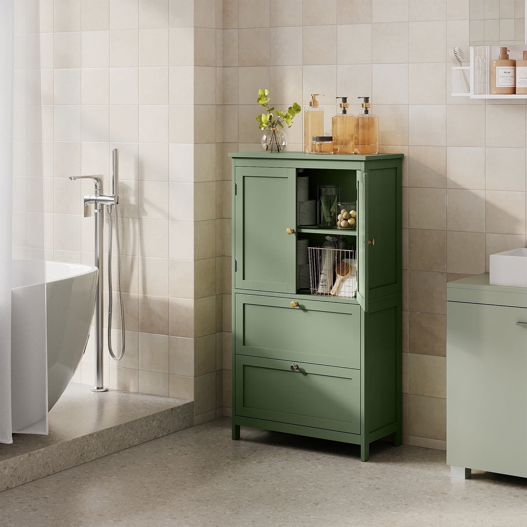 Bathroom Floor Storage Cabinet, Freestanding Cabinet with 2 Doors 2 Drawers, for Kitchen Living Room Small Spaces,Green - Image 6