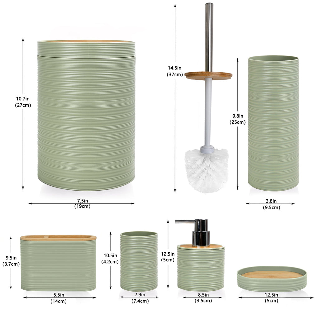 CERBIOR 6 Pcs Bamboo Bathroom Accessories Sets Irregular Stripe Design Complete Set Bathroom Decor Vanity Countertop Accessory Set, Green - Image 4