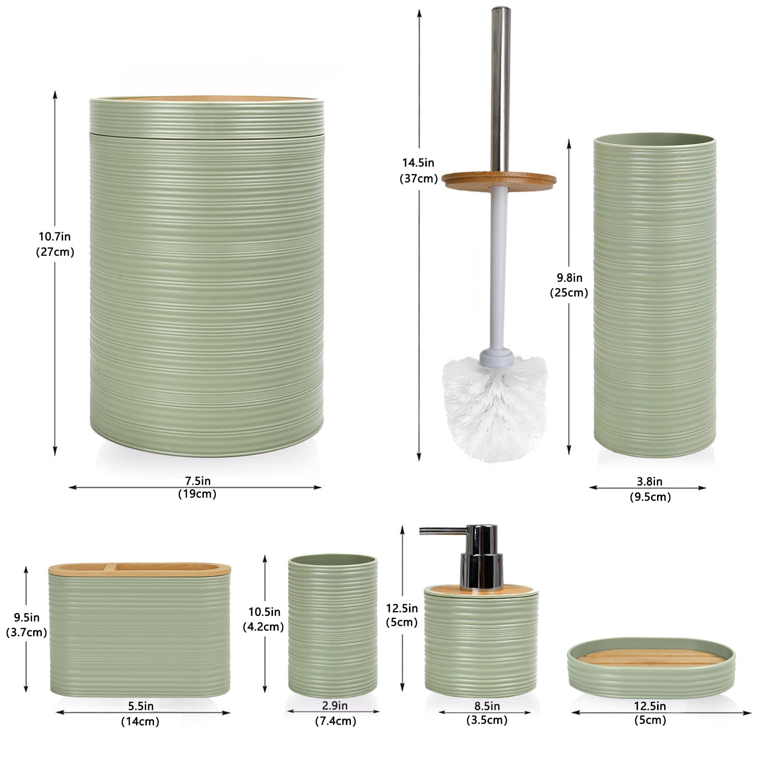 CERBIOR 6 Pcs Bamboo Bathroom Accessories Sets Irregular Stripe Design Complete Set Bathroom Decor Vanity Countertop Accessory Set, Green - Image 4