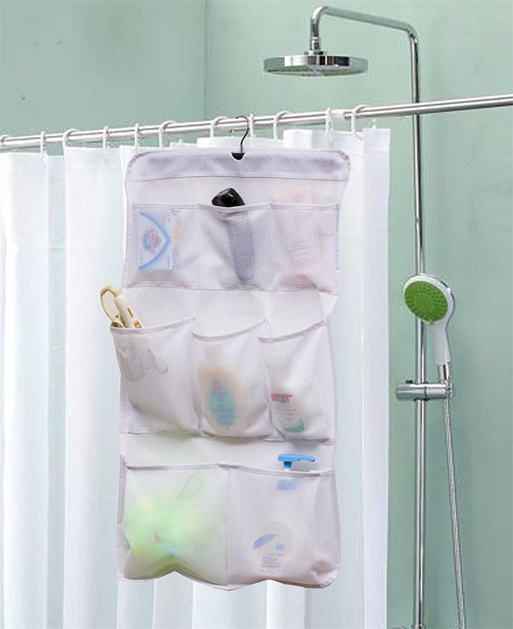 NOGIS 8 Pockets Mesh Shower Organizer Hanging Caddy with Rotating Hanger Quick Dry Bathroom Storage（1 Curtain Rings） - Image 4