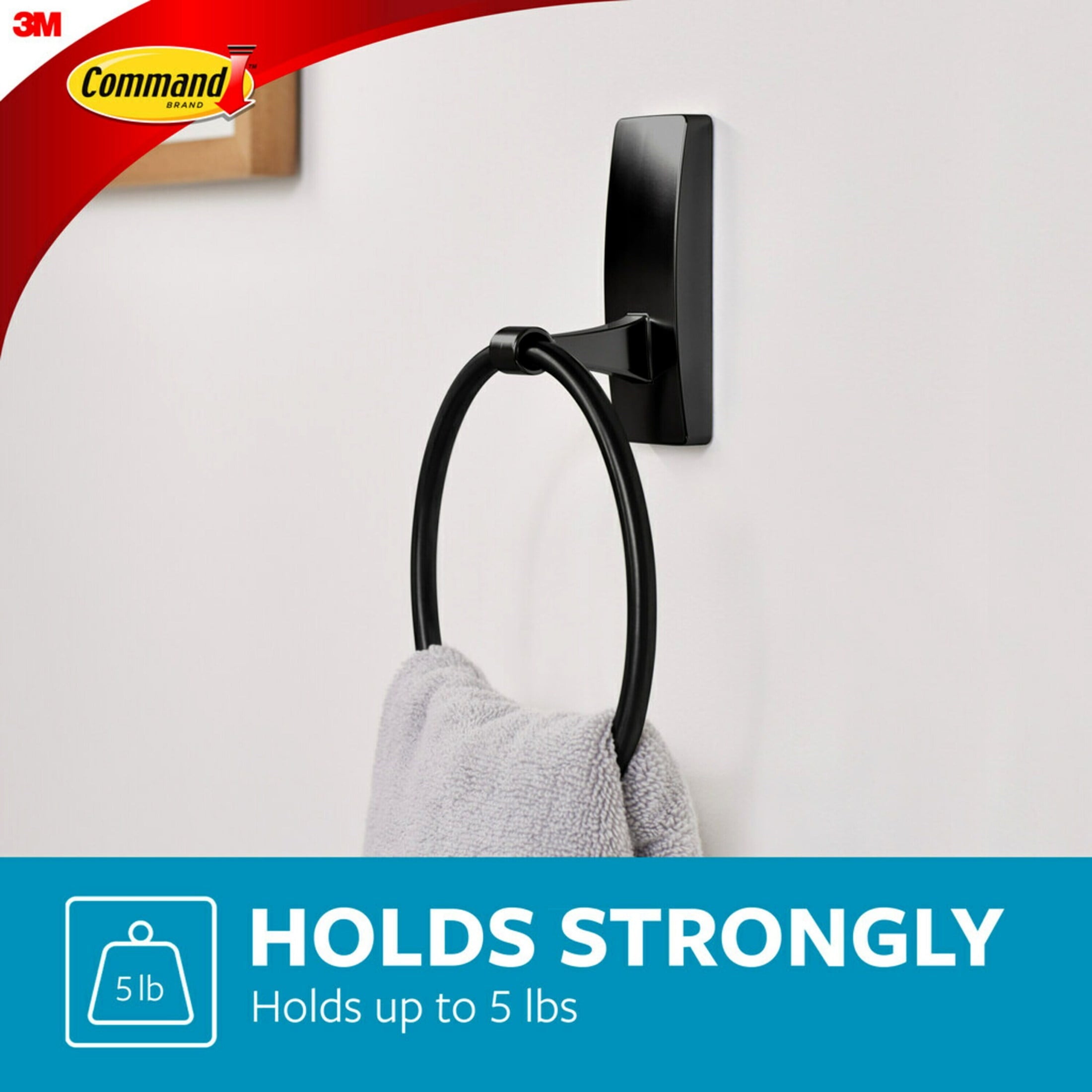 Black Towel Ring, 1 Towel Ring, Holds 5 lbs, 2 Strips, Adhesive Mount - Image 4