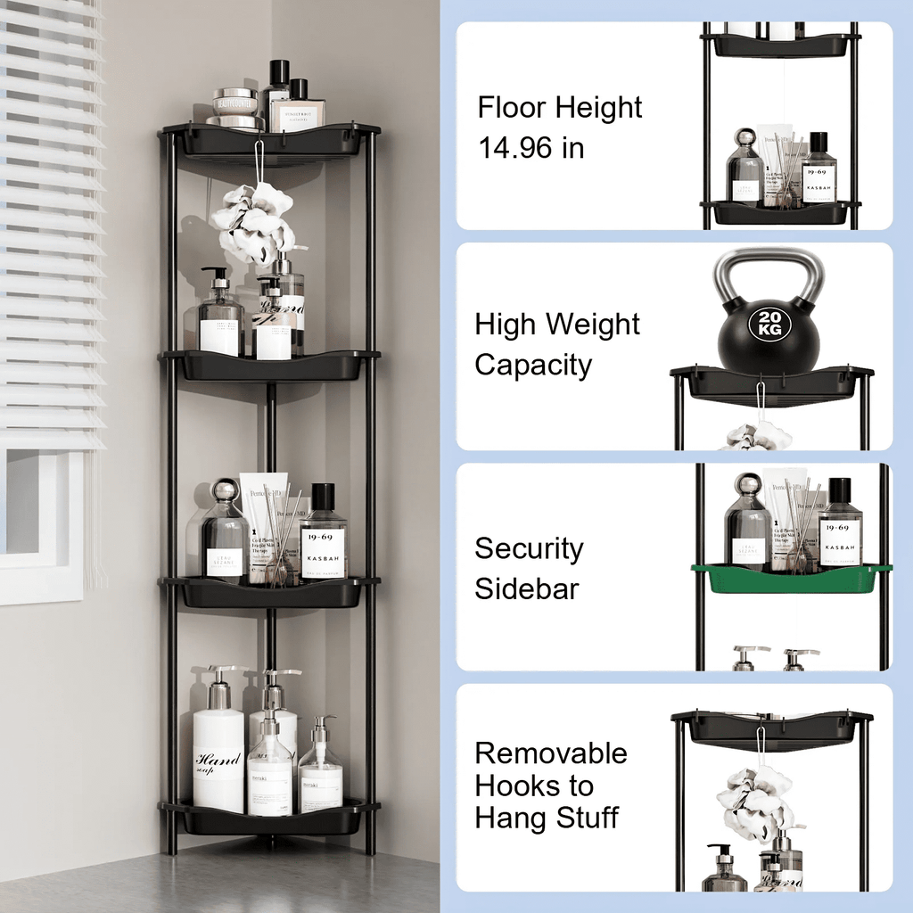 4 Floor Standing Corner Shower Caddy Organizer: Reinforced Plastic Shower Shelves with Extra-Tall Storage for Large S... - Image 5