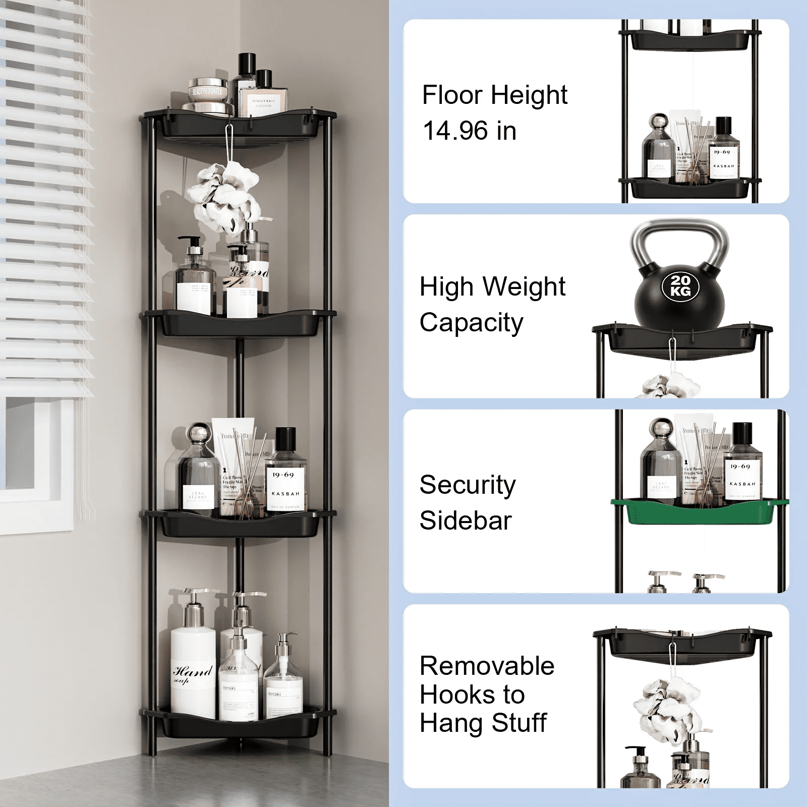 4 Floor Standing Corner Shower Caddy Organizer: Reinforced Plastic Shower Shelves with Extra-Tall Storage for Large S... - Image 5