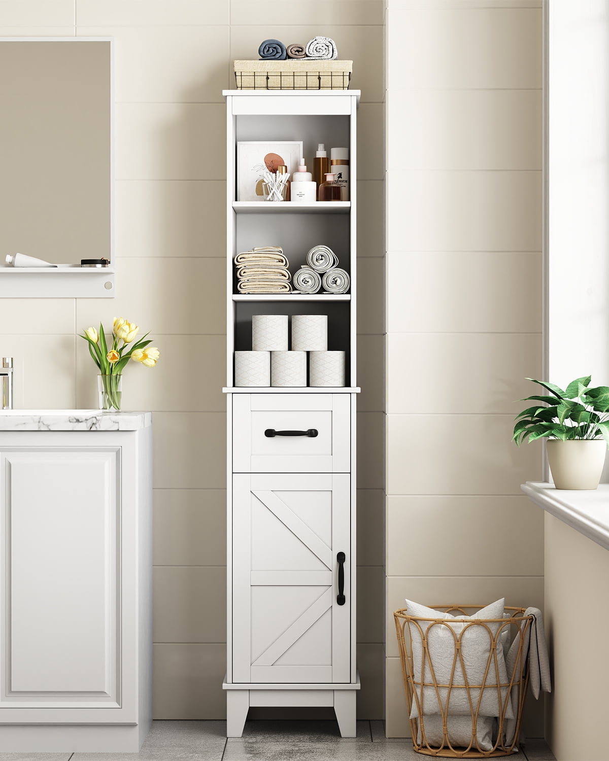 Bathroom Storage Cabinet, Narrow Bathroom Storage, Freestanding Linen Cabinet with Barn Door and Drawer, White - Image 5