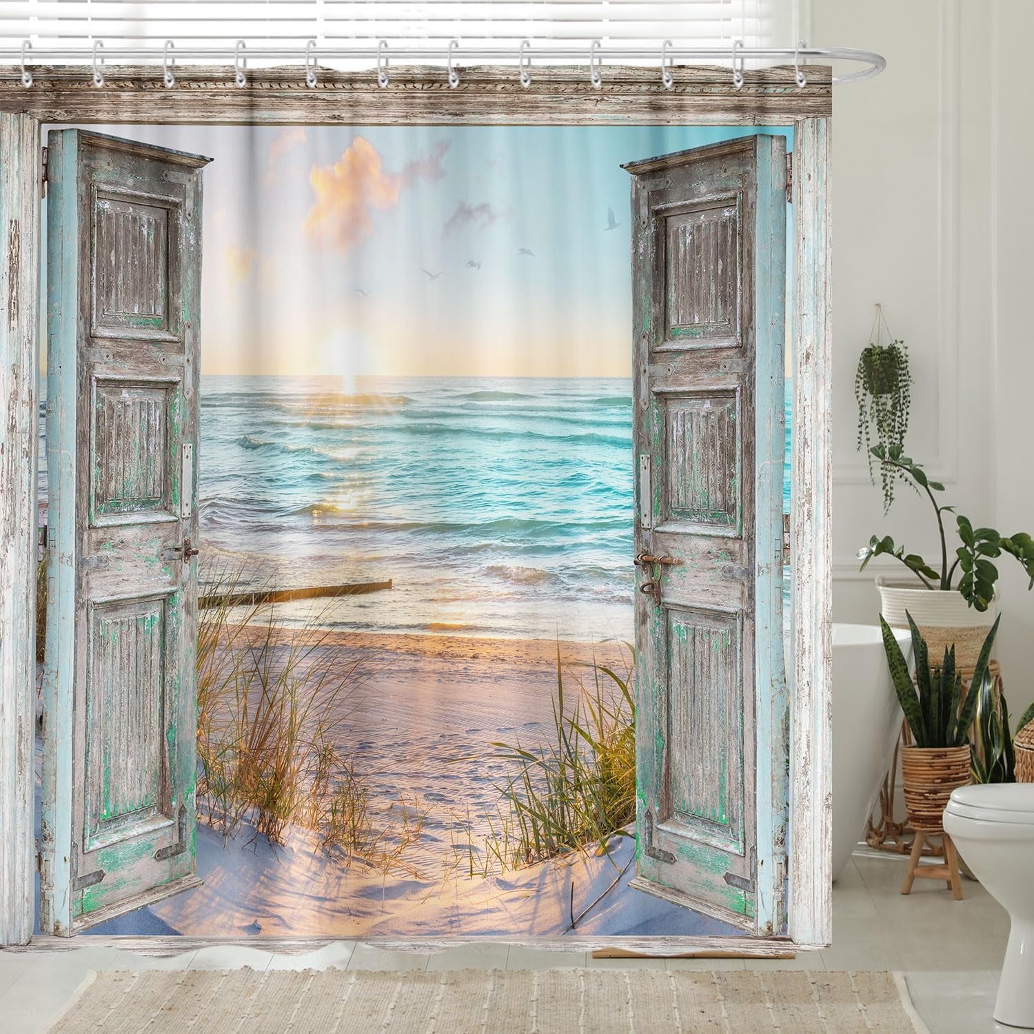 Shower Curtain, Teal Ocean Sunrise Seaside Seascape Nautical y Shower Curtain Set, Rustic Barn Door Seashore Fabric S... - Image 3