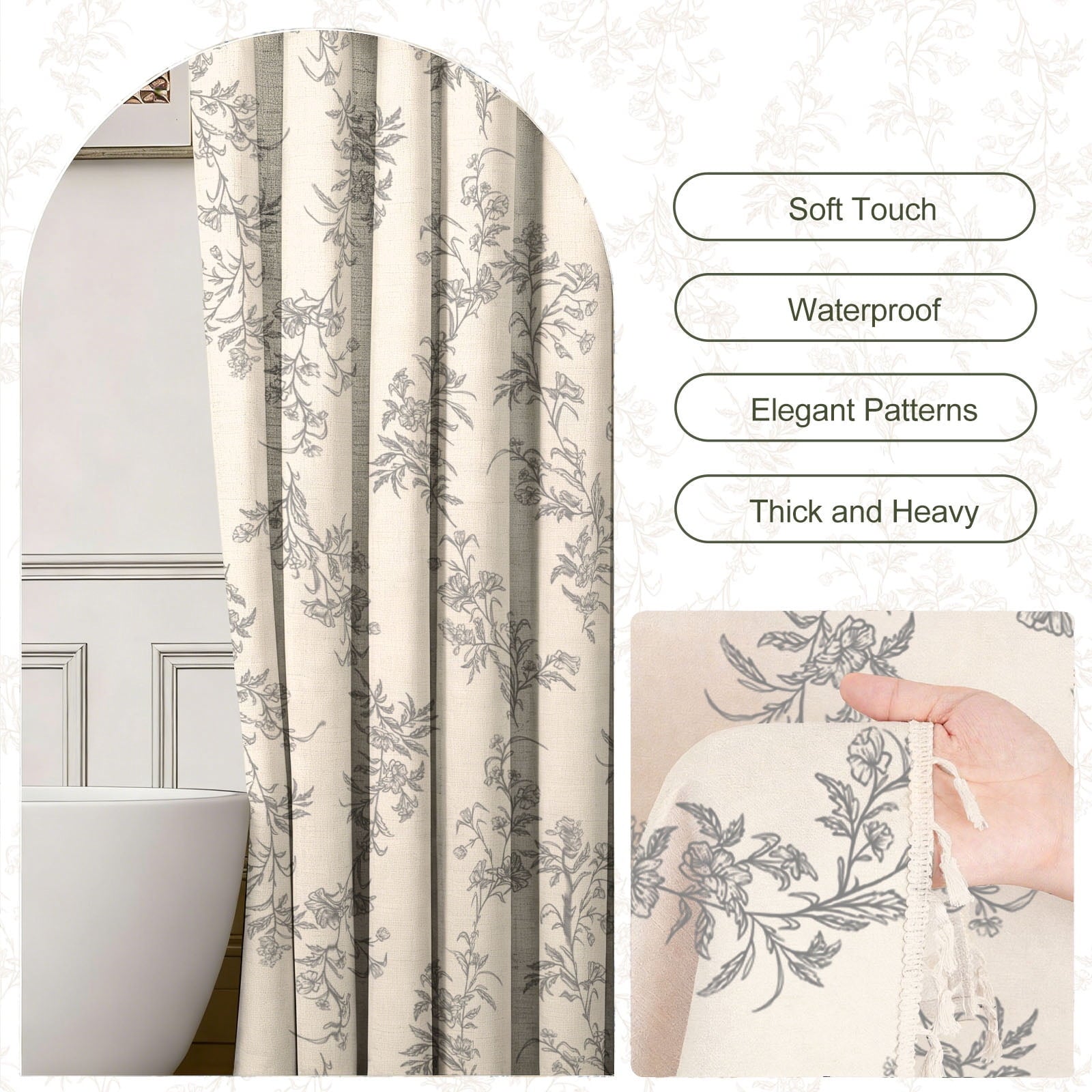 Gray Shower Curtain Floral Plant Shower Curtain Set with Tassels, Heavy Duty Faux Cotton Linen Cottagecore Boho Vinta... - Image 2