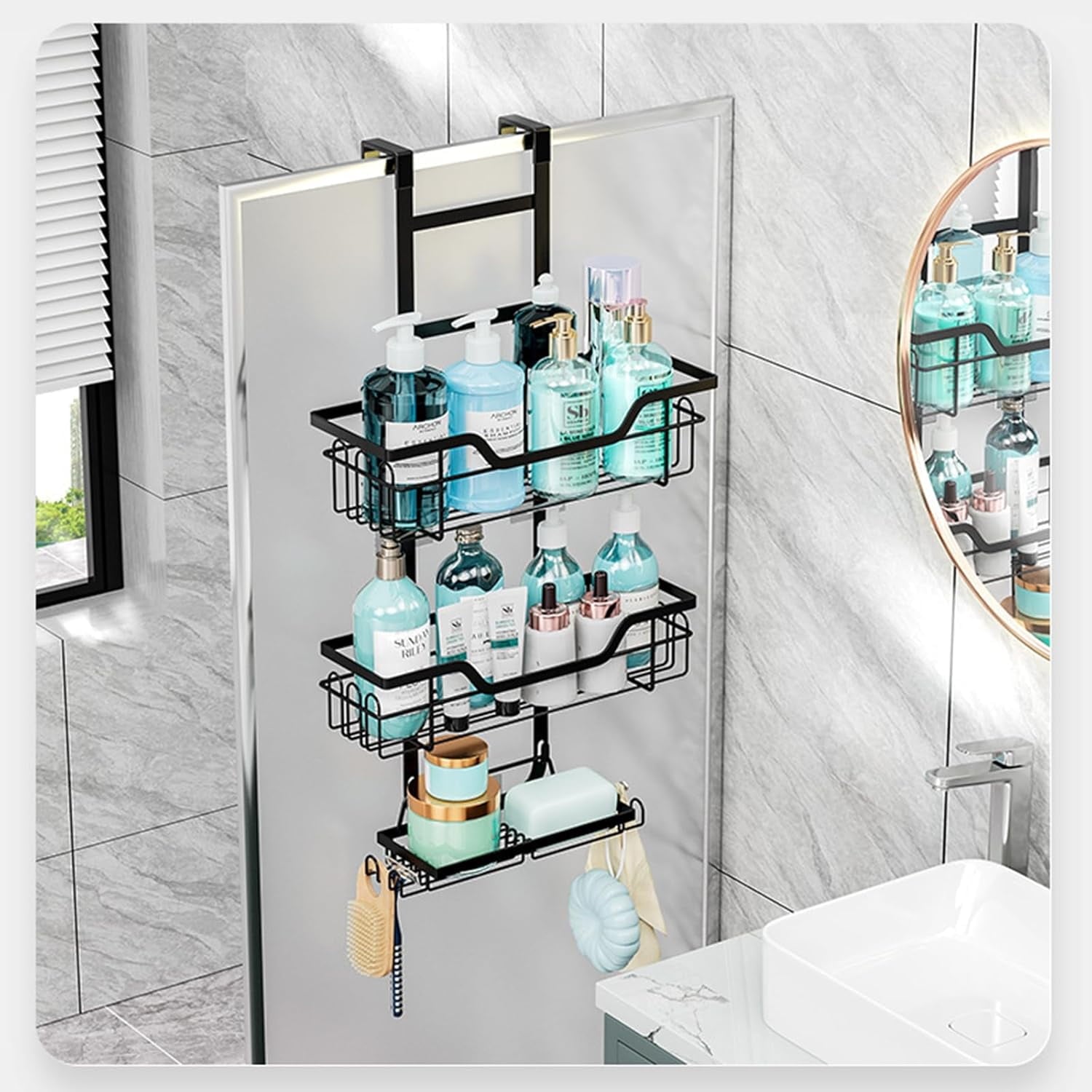 3-Tier Over The Door Shower Caddy, Large Capacity Hanging Bathroom Organizer, Space Saving Storage Rack for Shampoo Conditioner Body Wash - Image 4