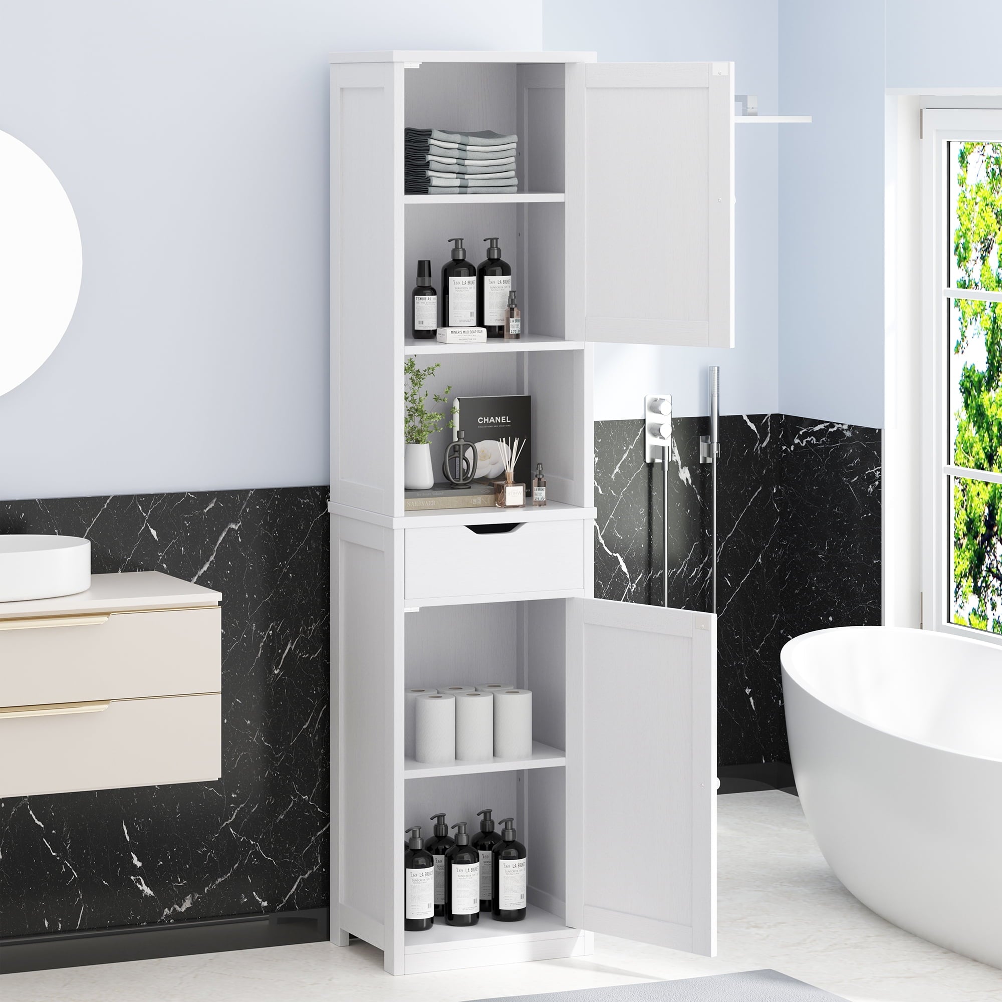 Walsunny Bathroom Storage Cabinet 64" Tall Narrow Wooden Bath Cabinet with Doors Shelves Drawer White - Image 6