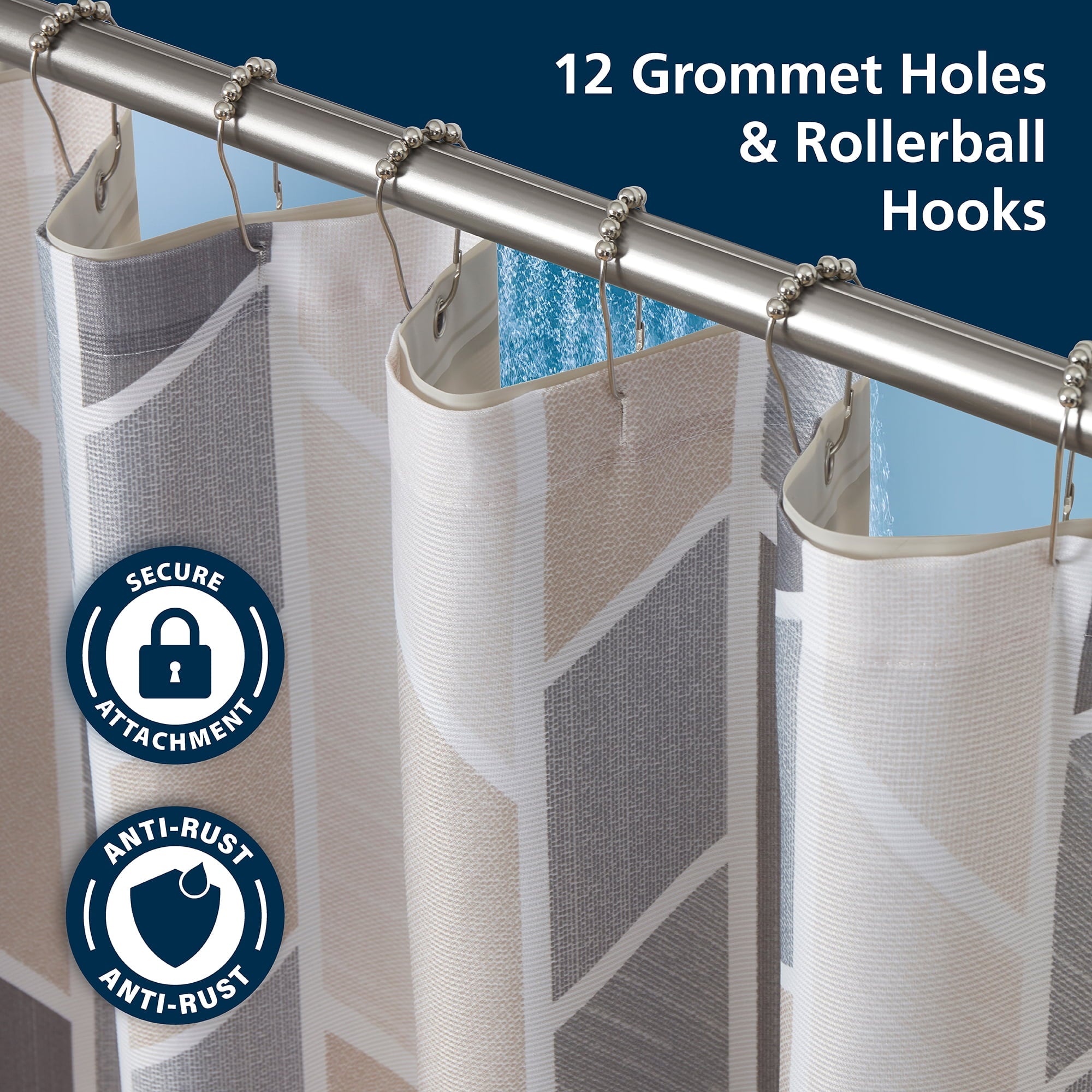 14 Piece Fabric Shower Curtain Set, Liner & Hooks, Natural Geometric 72" x 72" - Image 4