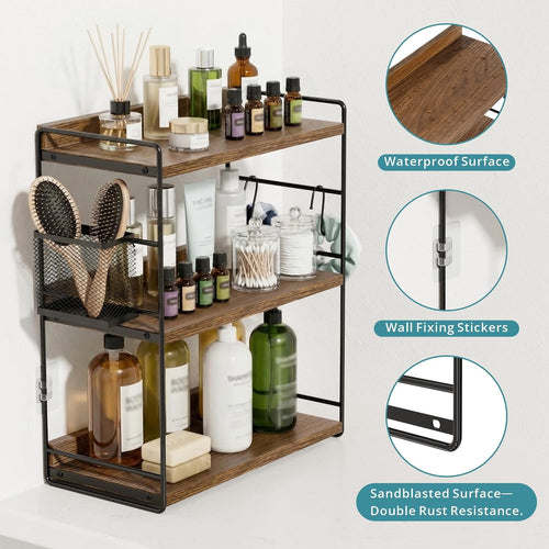 3-Tier Bathroom Counter Organizer with Basket, Vanity Organizer Counter Shelf for Skincare & Makeup Storage, Wood Cou... - Image 2