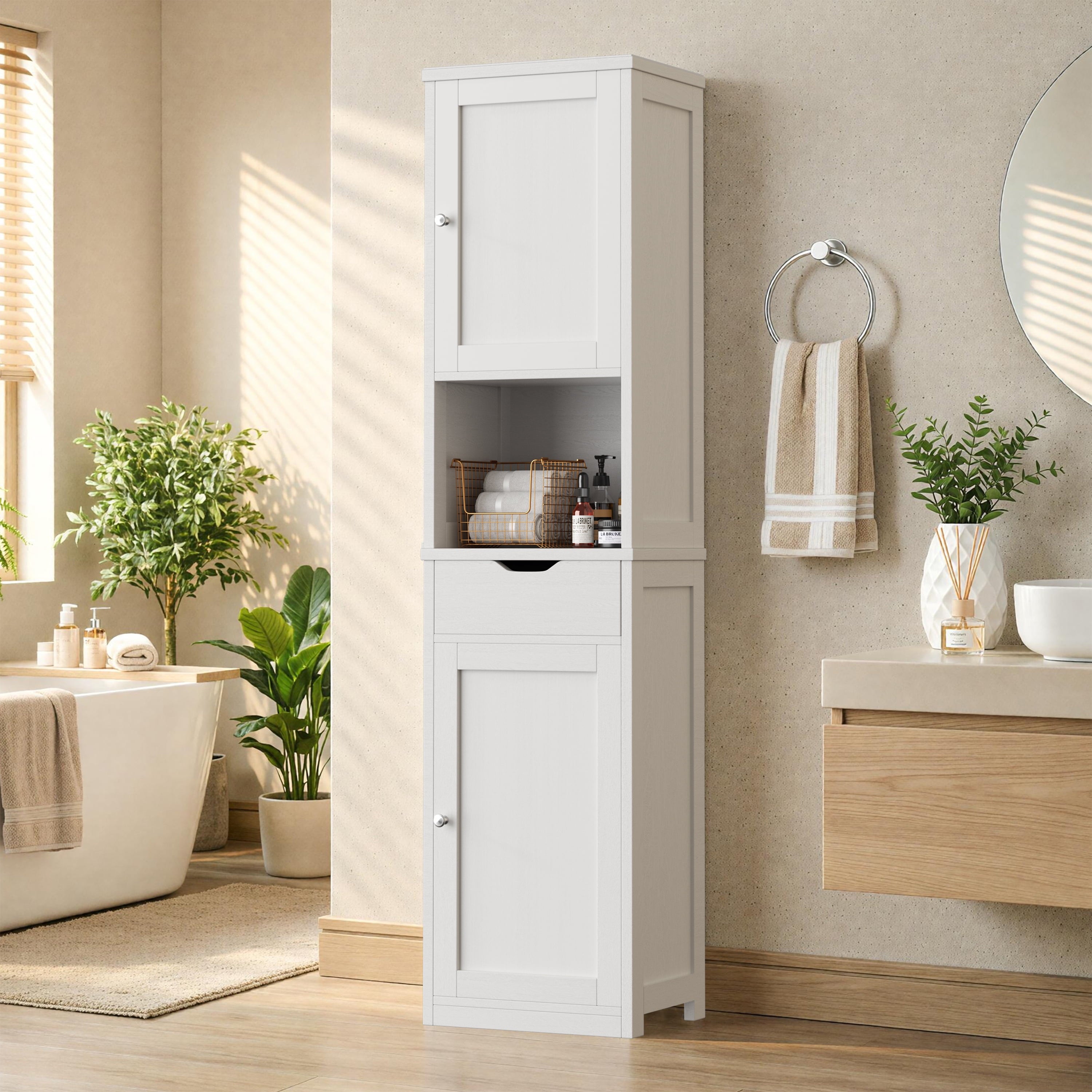 Walsunny Bathroom Storage Cabinet 64" Tall Narrow Wooden Bath Cabinet with Doors Shelves Drawer White - Image 2