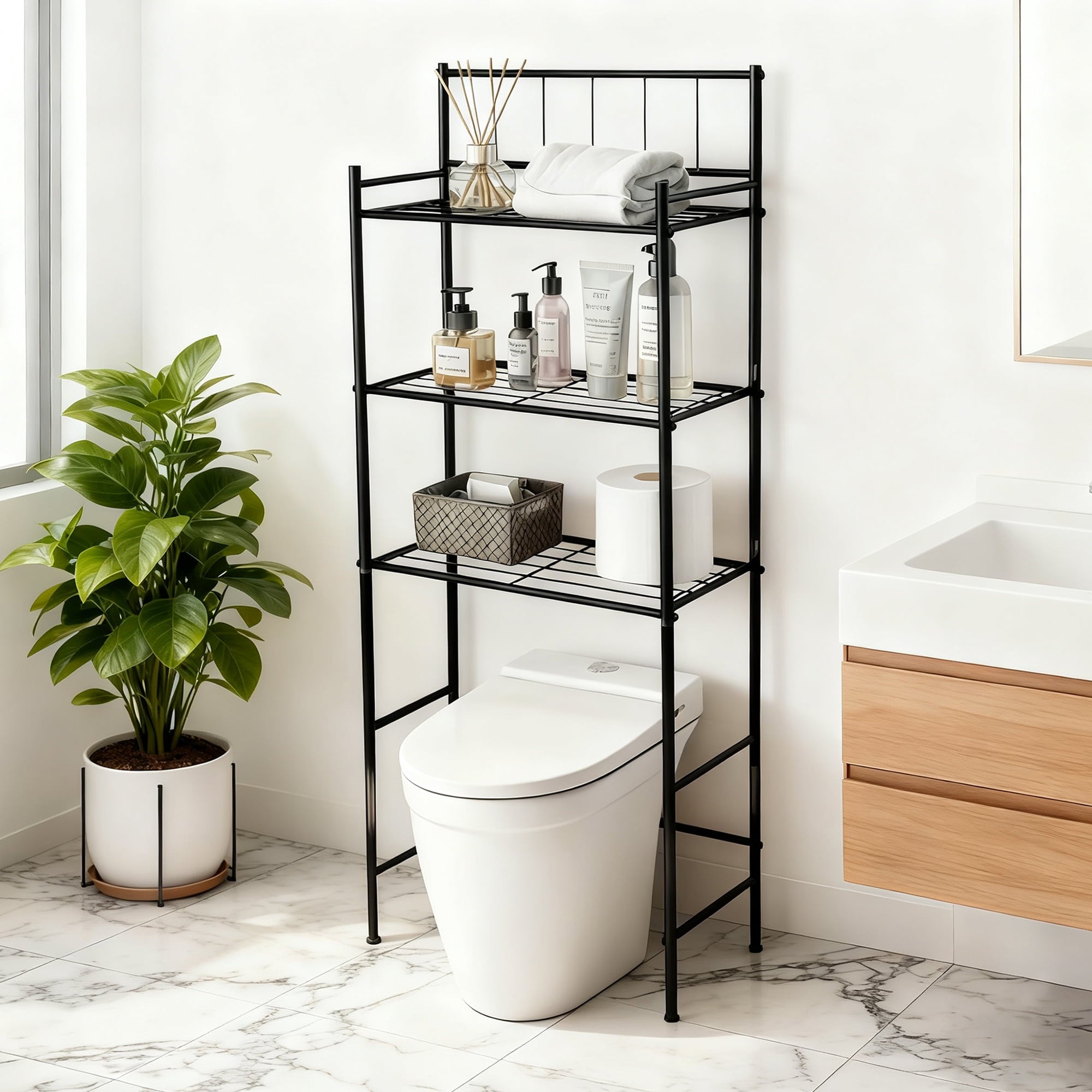 the Toilet Storage, 3-Tier Toilet Storage Rack for Bathroom, Metal Bathroom Organizer Shelves Toilet, Black - Image 5