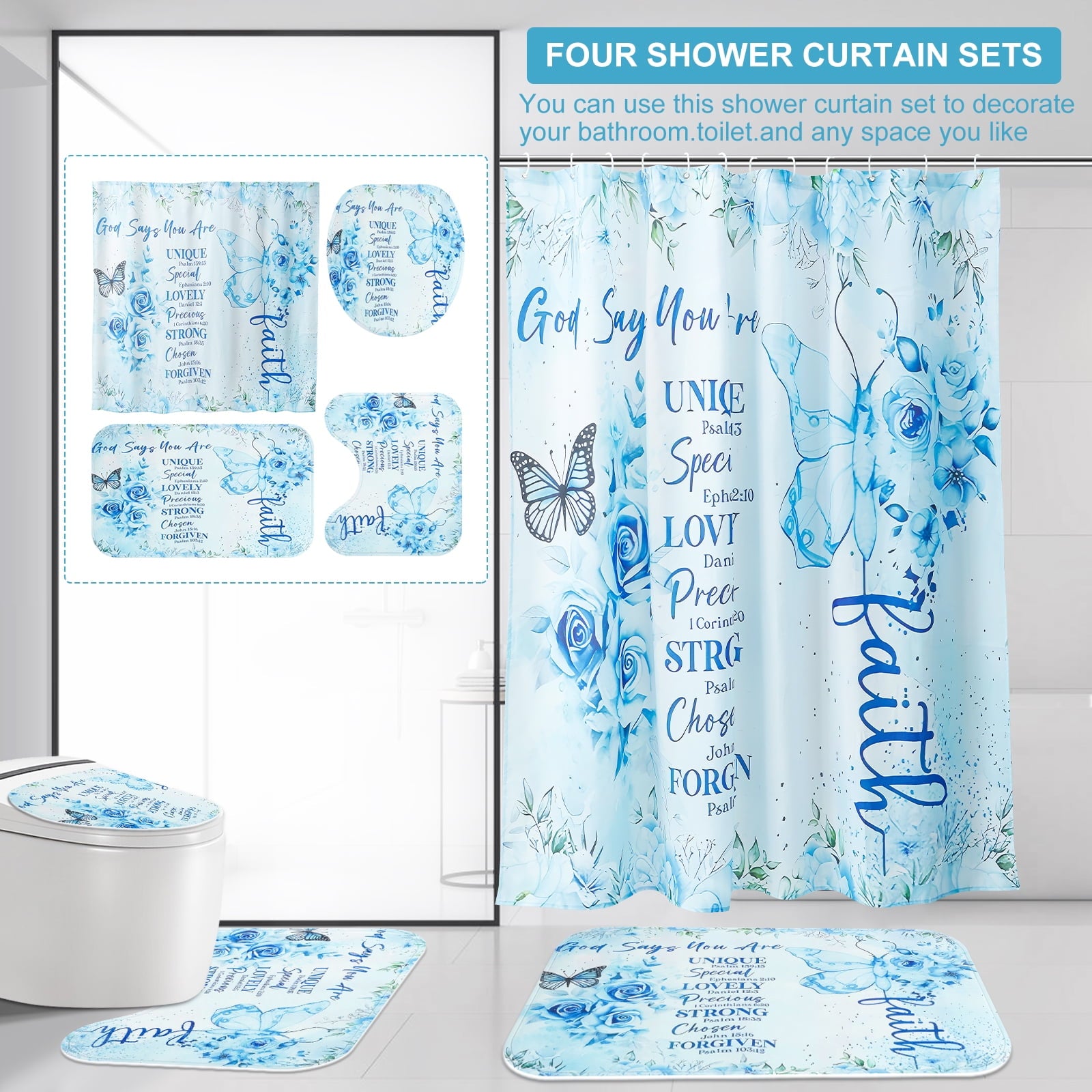 Dznils Blue Floral Shower Curtain Sets with Rugs, 16pc Butterfly Bathroom Curtain Set, 72" x 72" - Image 3