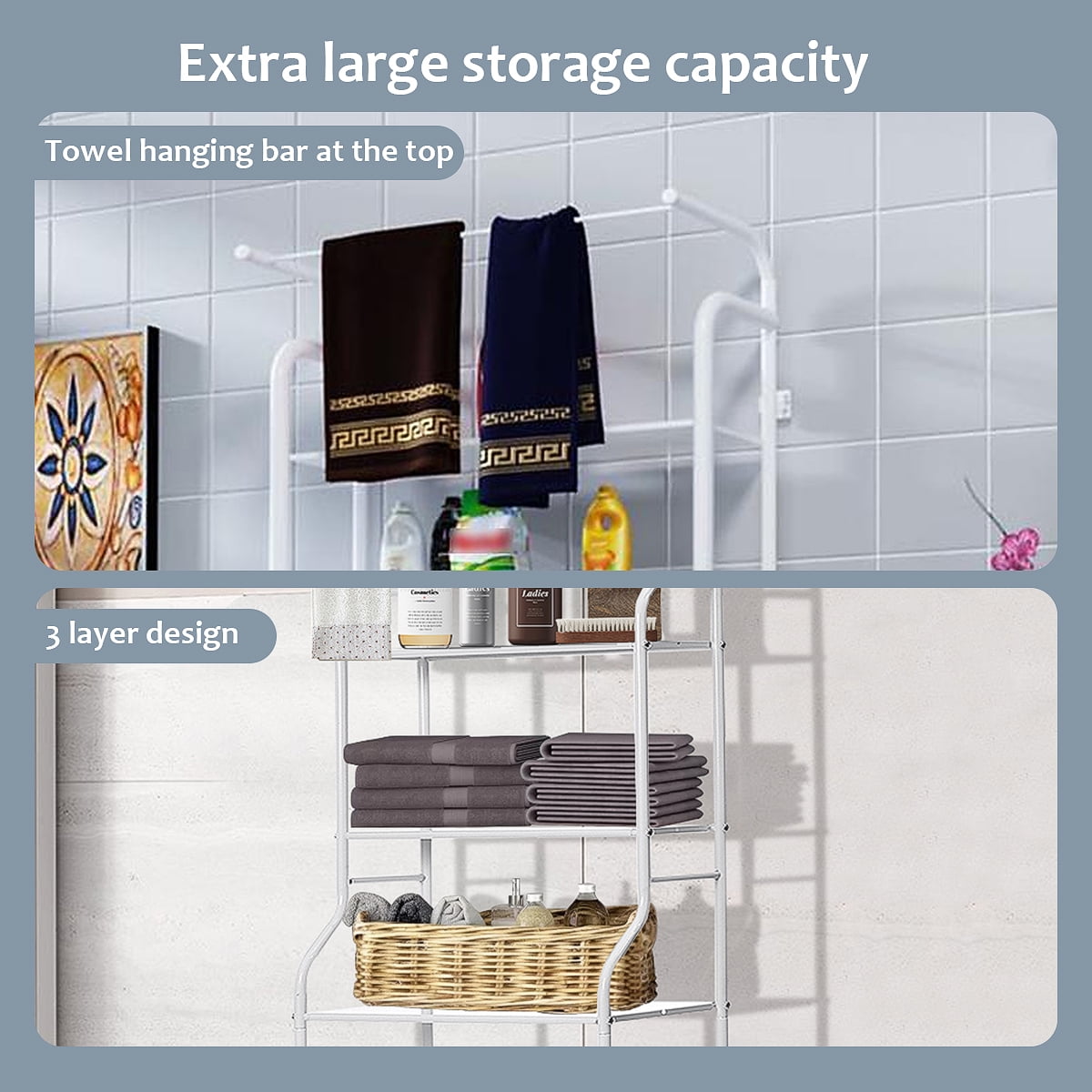 Over The Toilet Storage HONEIER  3 Tier Bathroom Shelf with Towels Hanging Rod, 62*24 inch Metal Bathroom Organizer Storage Rack, White - Image 2