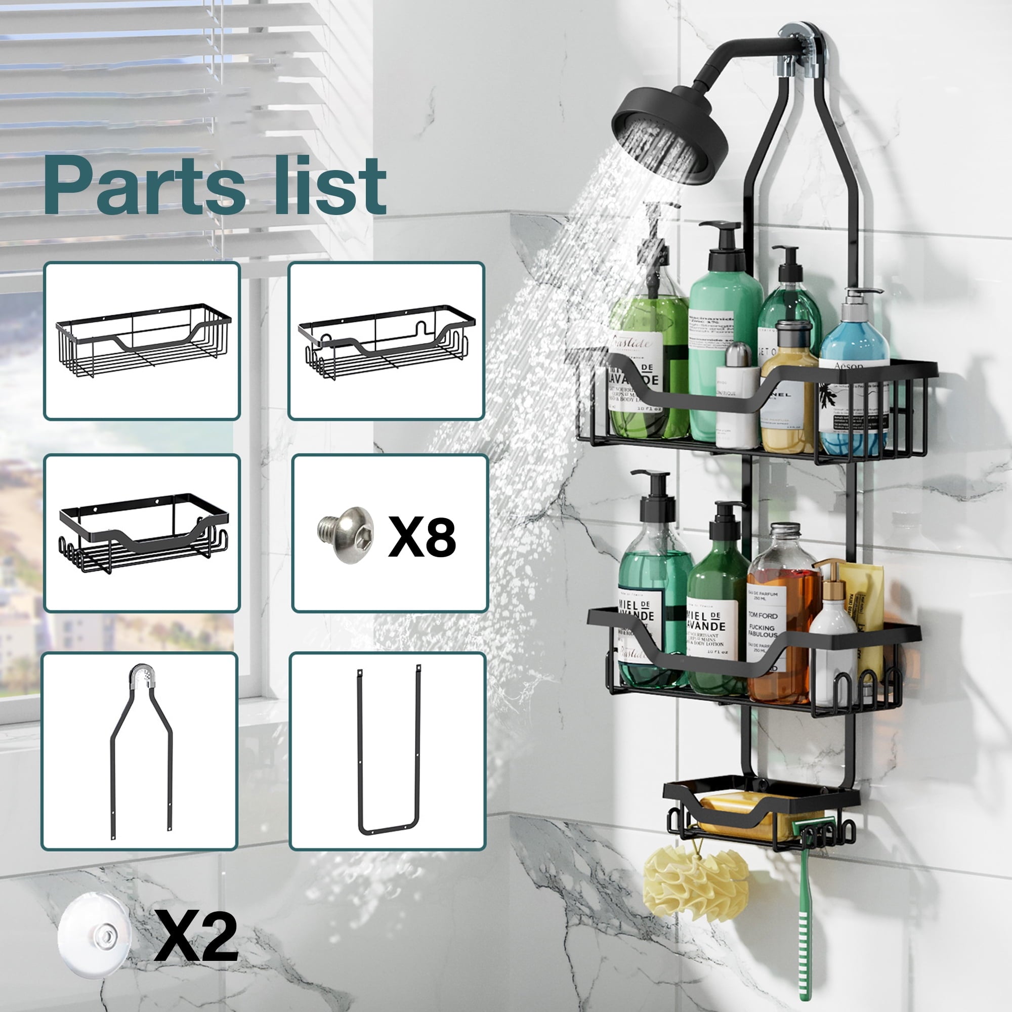 Junjian Hanging Shower Caddy, Anti-Swing Shower Organizer with 10 Hooks, Stainless Steel Shower Shelves, over the Shower Head Bathroom Stora - Image 5