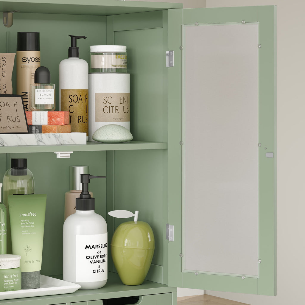 Homfa Bathroom Cabinet, 3-Tier Wood Tall Linen Storage Cabinet with 2 Drawers and 4 Doors for Living Room Office, Green - Image 6