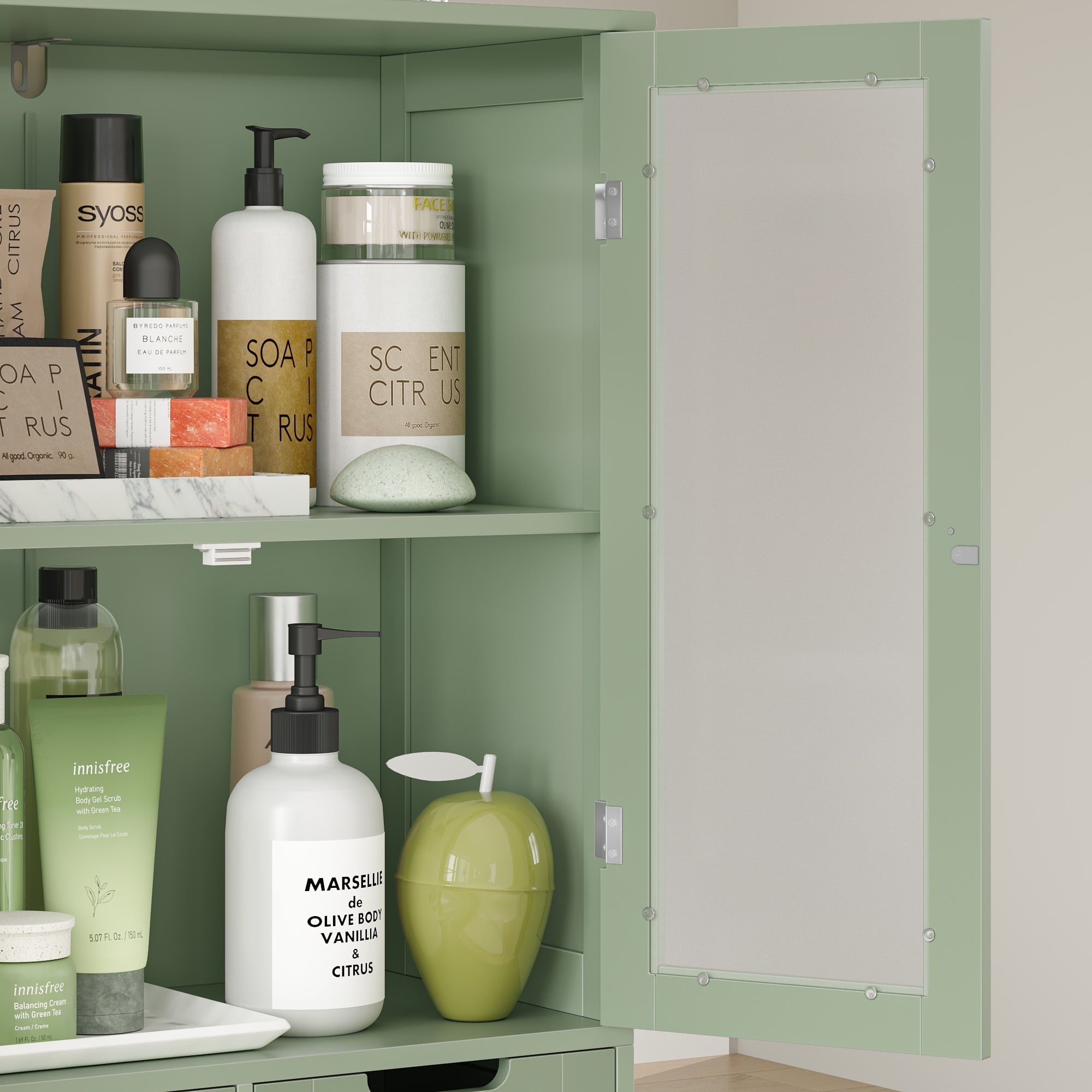 Homfa Bathroom Cabinet, 3-Tier Wood Tall Linen Storage Cabinet with 2 Drawers and 4 Doors for Living Room Office, Green - Image 6