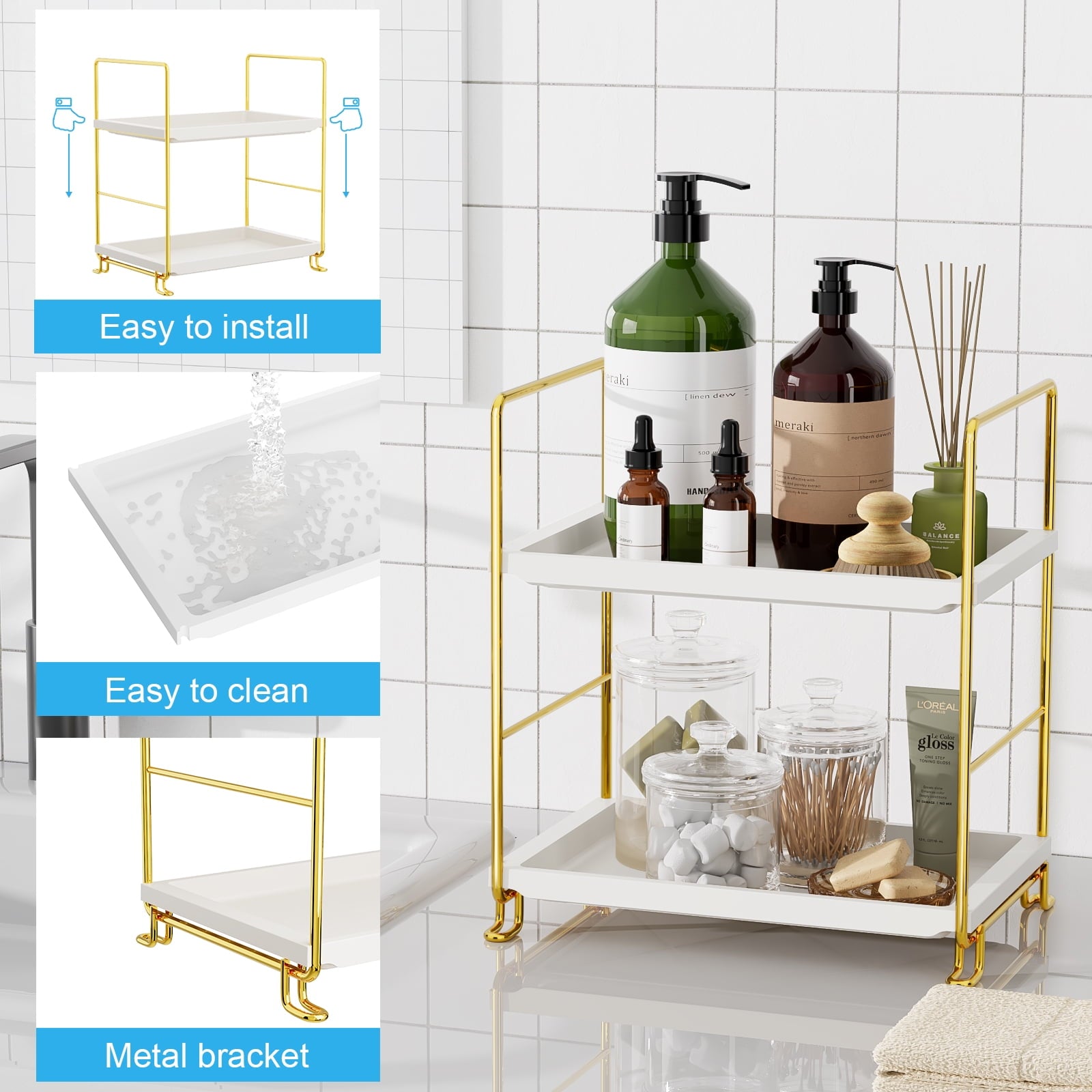 2-Tier Bathroom Countertop Organizer, Kitchen Spice Rack or Makeup Skin Organizer Vanity Bedroom Storage Tray (Gold) - Image 2