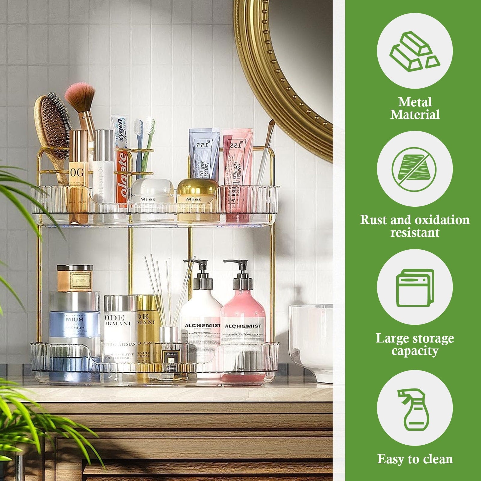 2-Tier Bathroom Counter Organizer, Makeup Cosmetic Storage with Top Toothbrush Holders, Acrylic Vanity Shelf, Skin Ca... - Image 4