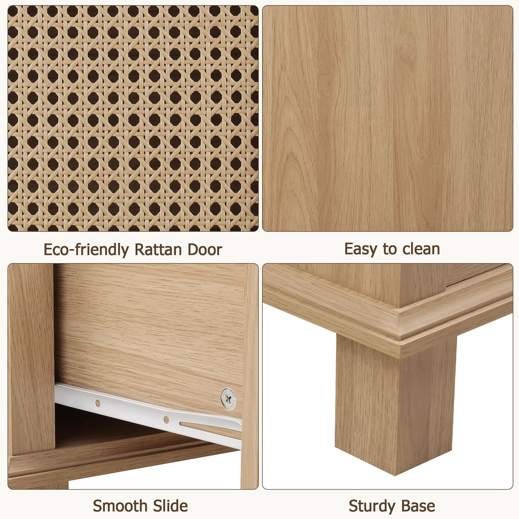 Bathroom Cabinet with Rattan Doors, Rattan Linen Storage Cabinet with 2 Drawers, Oak - Image 6